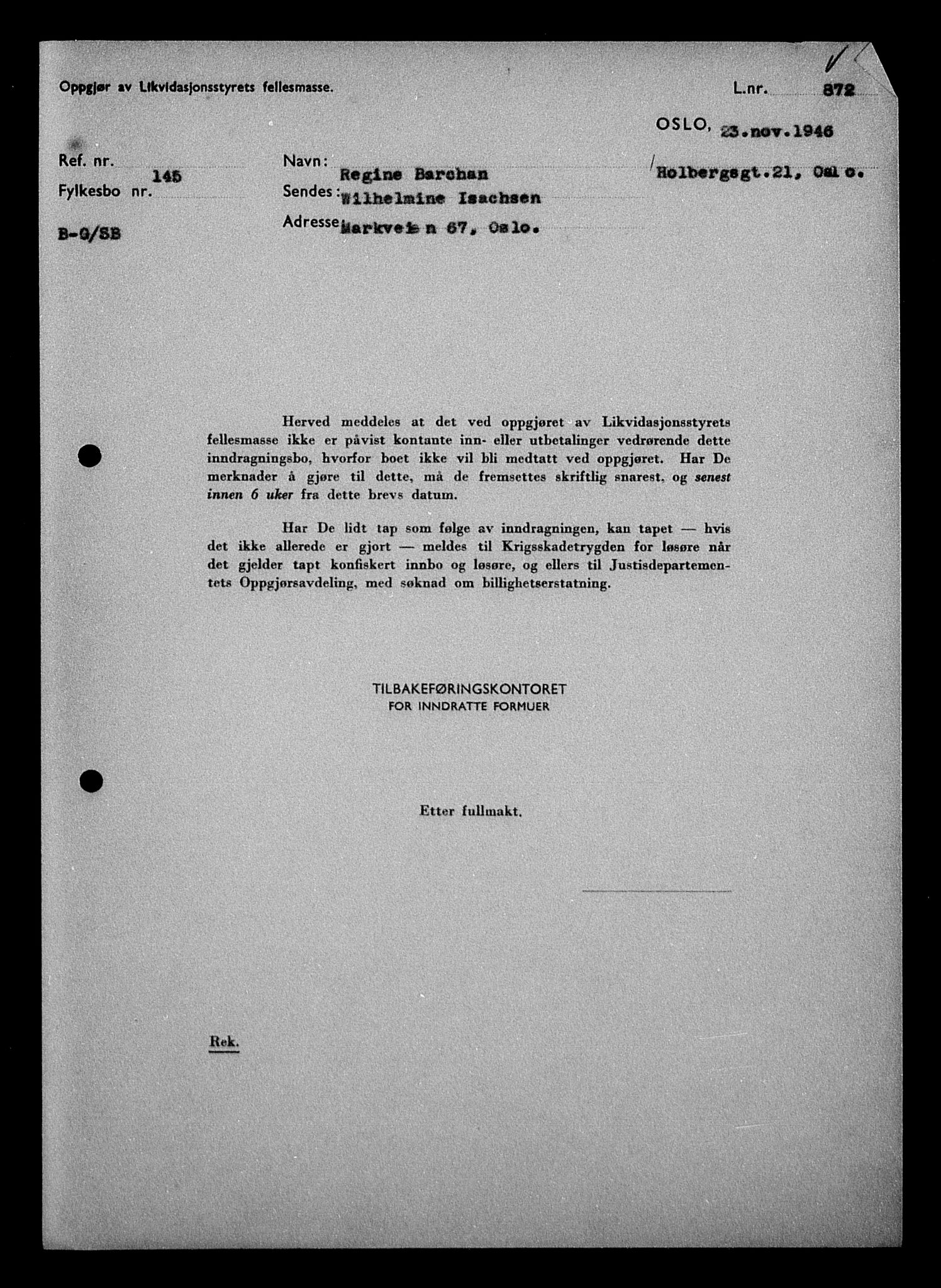 Justisdepartementet, Tilbakeføringskontoret for inndratte formuer, RA/S-1564/H/Hc/Hcc/L0918: --, 1945-1947, p. 433