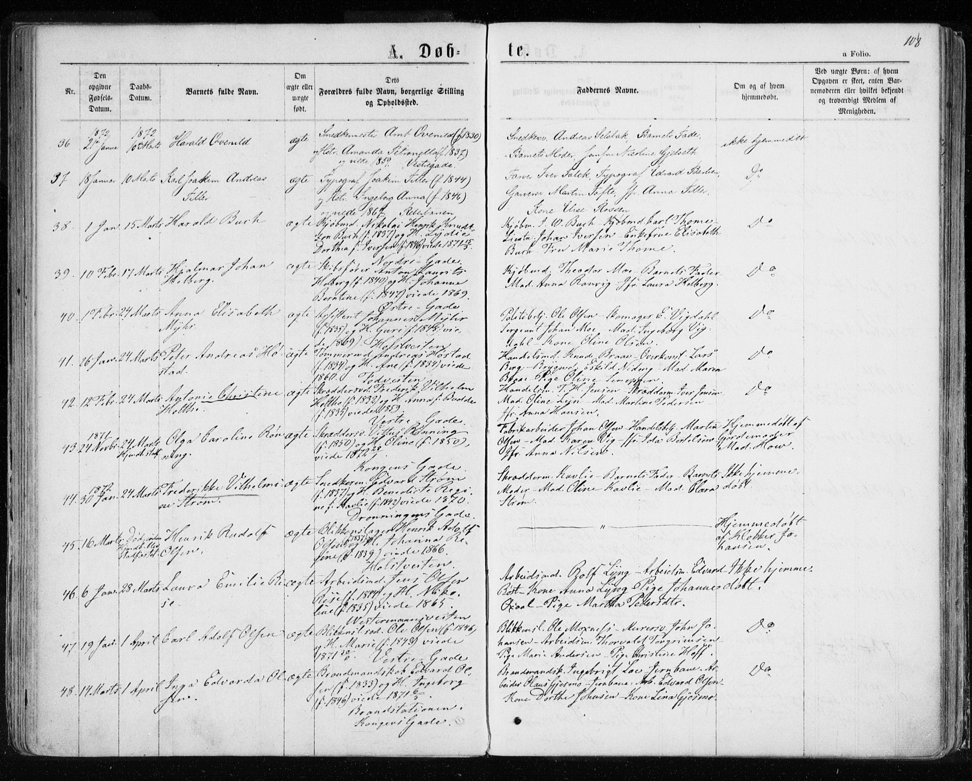 Ministerialprotokoller, klokkerbøker og fødselsregistre - Sør-Trøndelag, SAT/A-1456/601/L0054: Parish register (official) no. 601A22, 1866-1877, p. 108