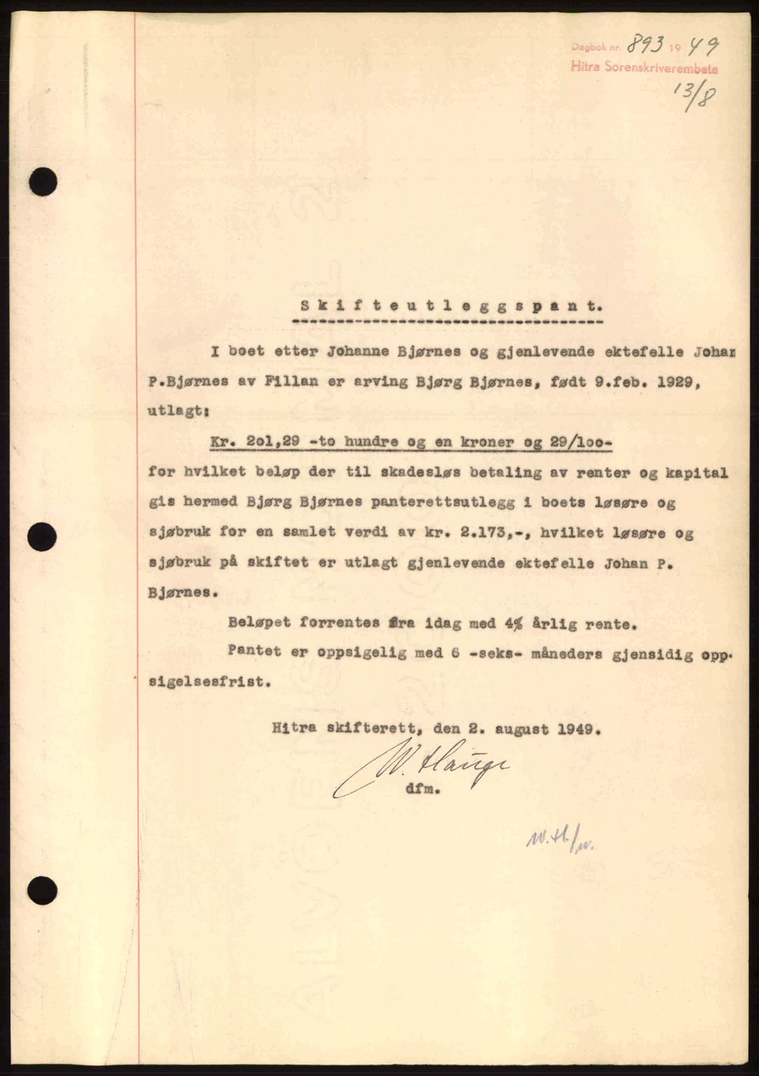 Hitra sorenskriveri, AV/SAT-A-0018/2/2C/2Ca: Mortgage book no. B1, 1939-1949, Diary no: : 893/1949