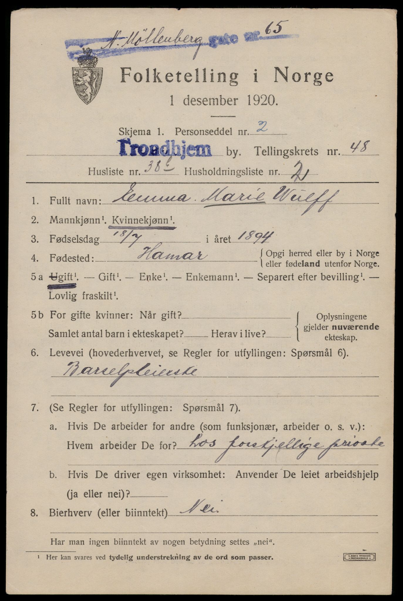 SAT, 1920 census for Trondheim, 1920, p. 102382