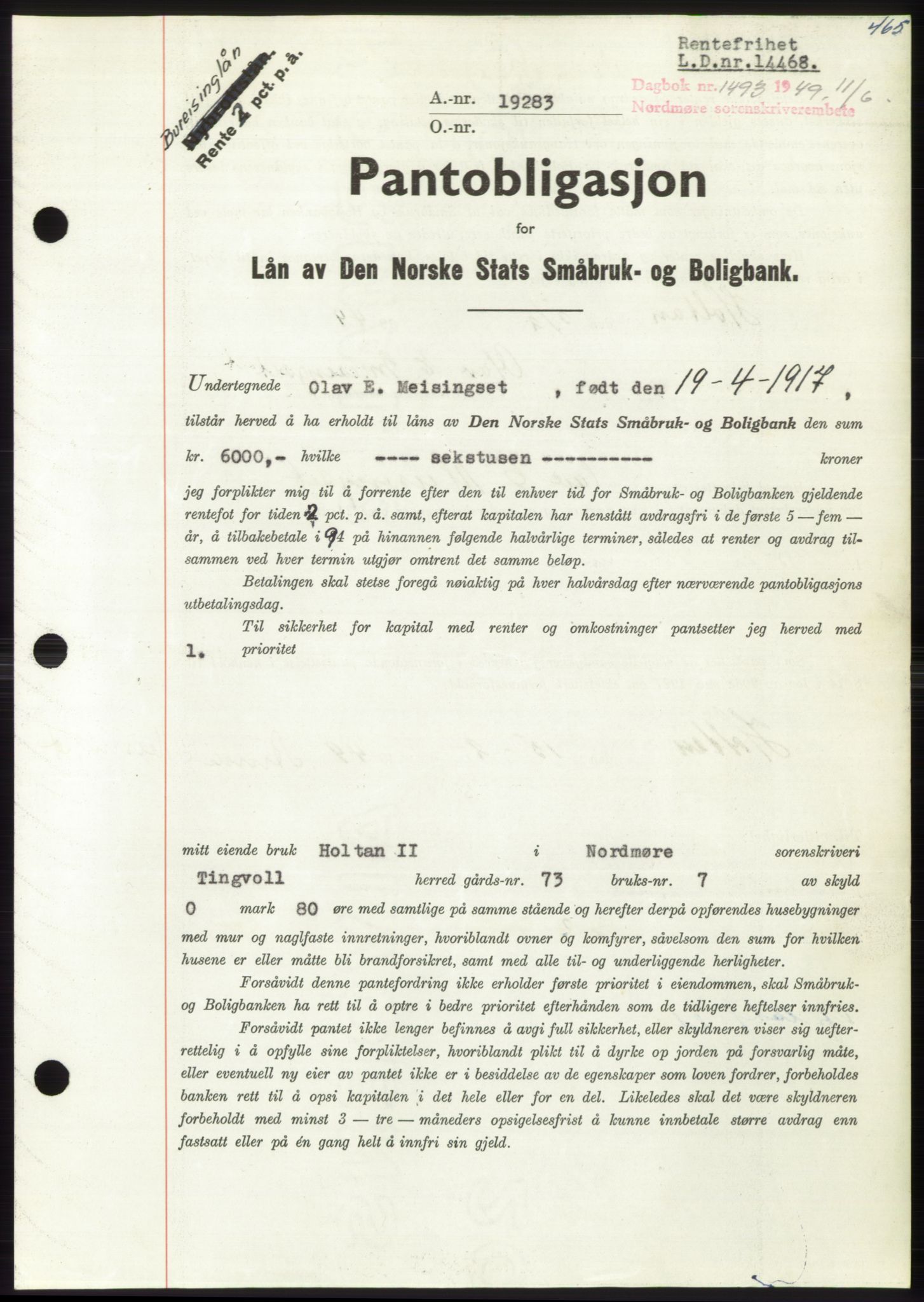 Nordmøre sorenskriveri, AV/SAT-A-4132/1/2/2Ca: Mortgage book no. B101, 1949-1949, Diary no: : 1493/1949