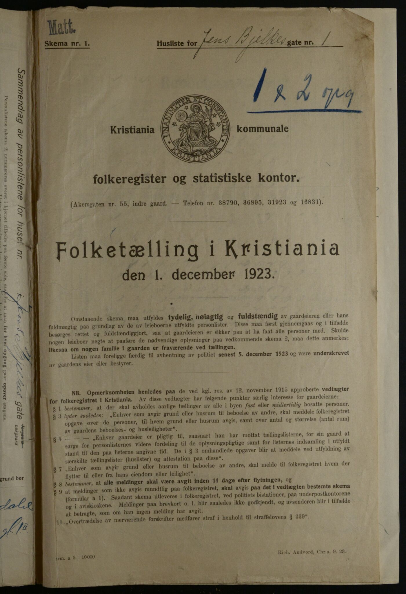 OBA, Municipal Census 1923 for Kristiania, 1923, p. 51077