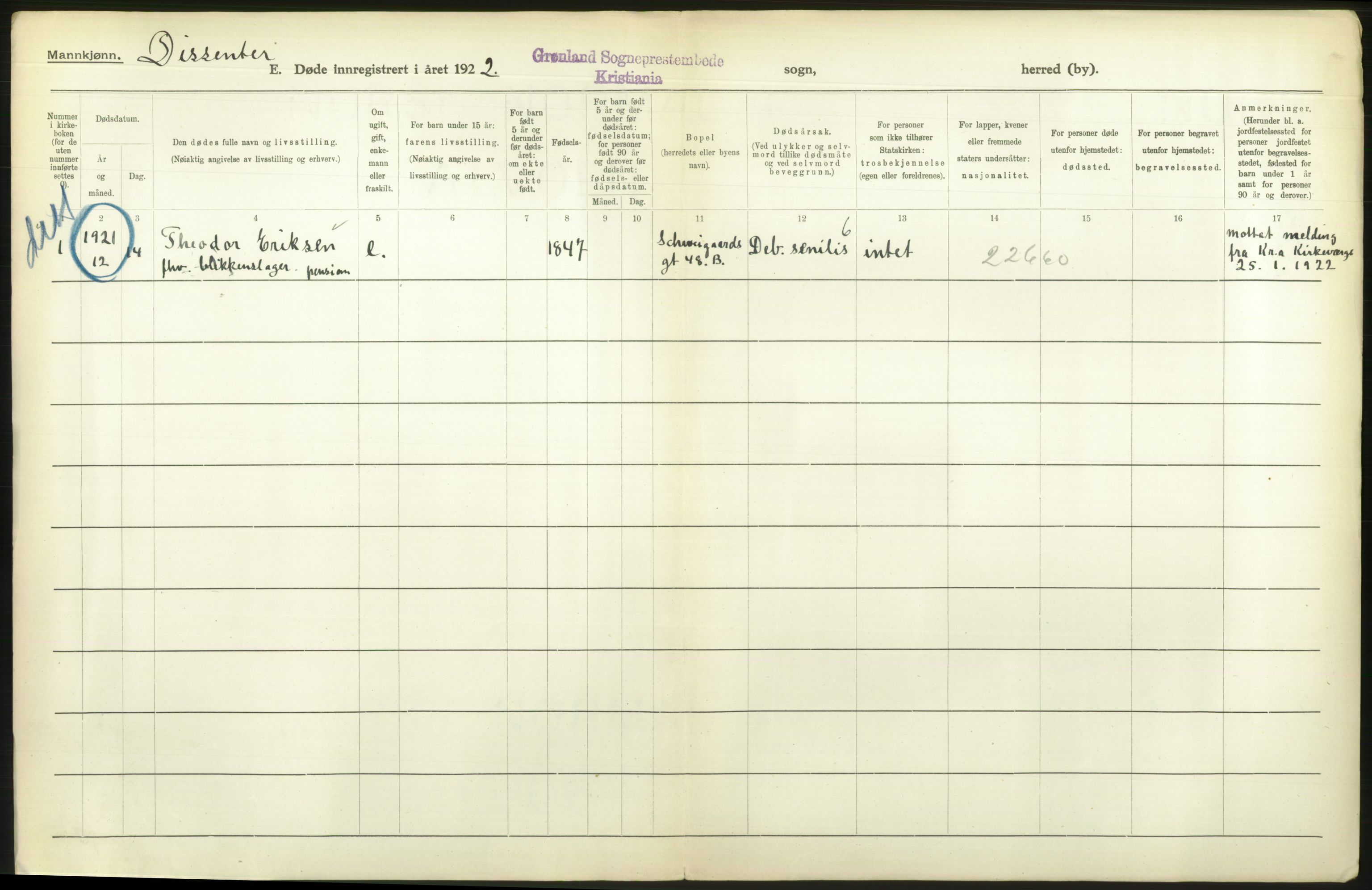 Statistisk sentralbyrå, Sosiodemografiske emner, Befolkning, RA/S-2228/D/Df/Dfc/Dfcb/L0010: Kristiania: Døde, dødfødte, 1922, p. 238