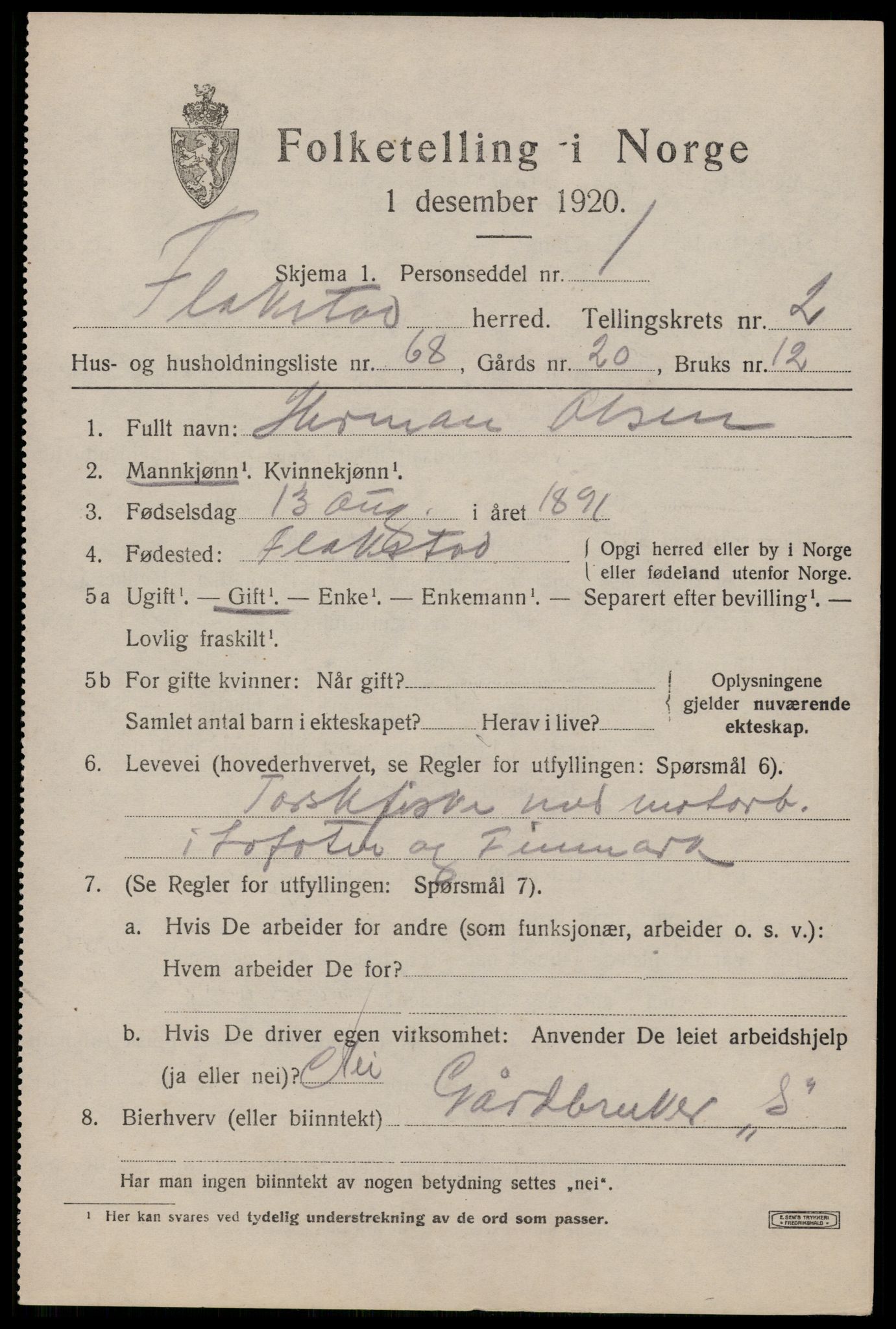 SAT, 1920 census for Flakstad, 1920, p. 2135