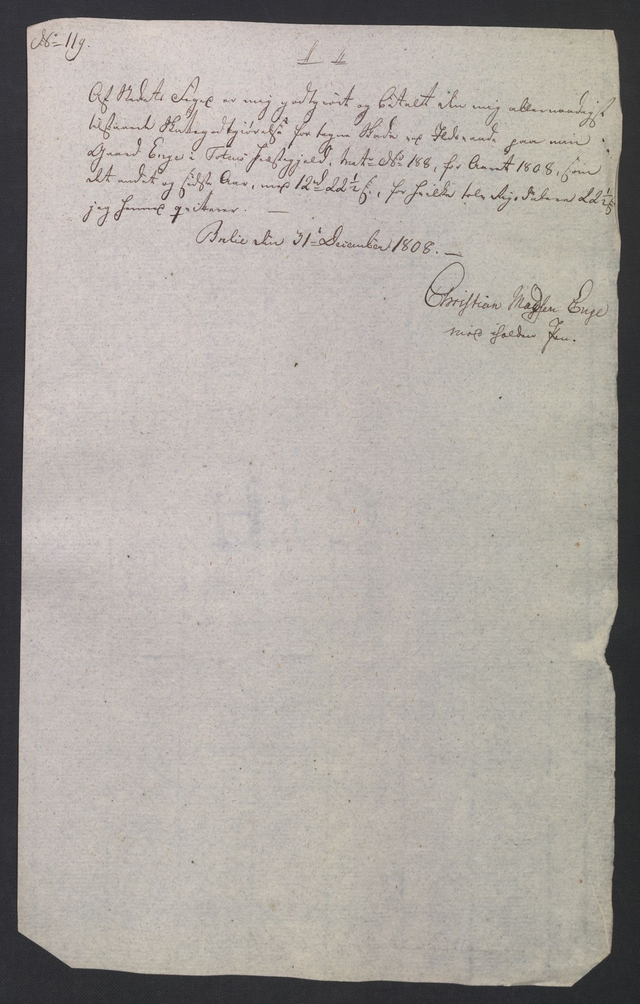 Rentekammeret inntil 1814, Reviderte regnskaper, Fogderegnskap, AV/RA-EA-4092/R19/L1396: Fogderegnskap Toten, Hadeland og Vardal, 1808, p. 471