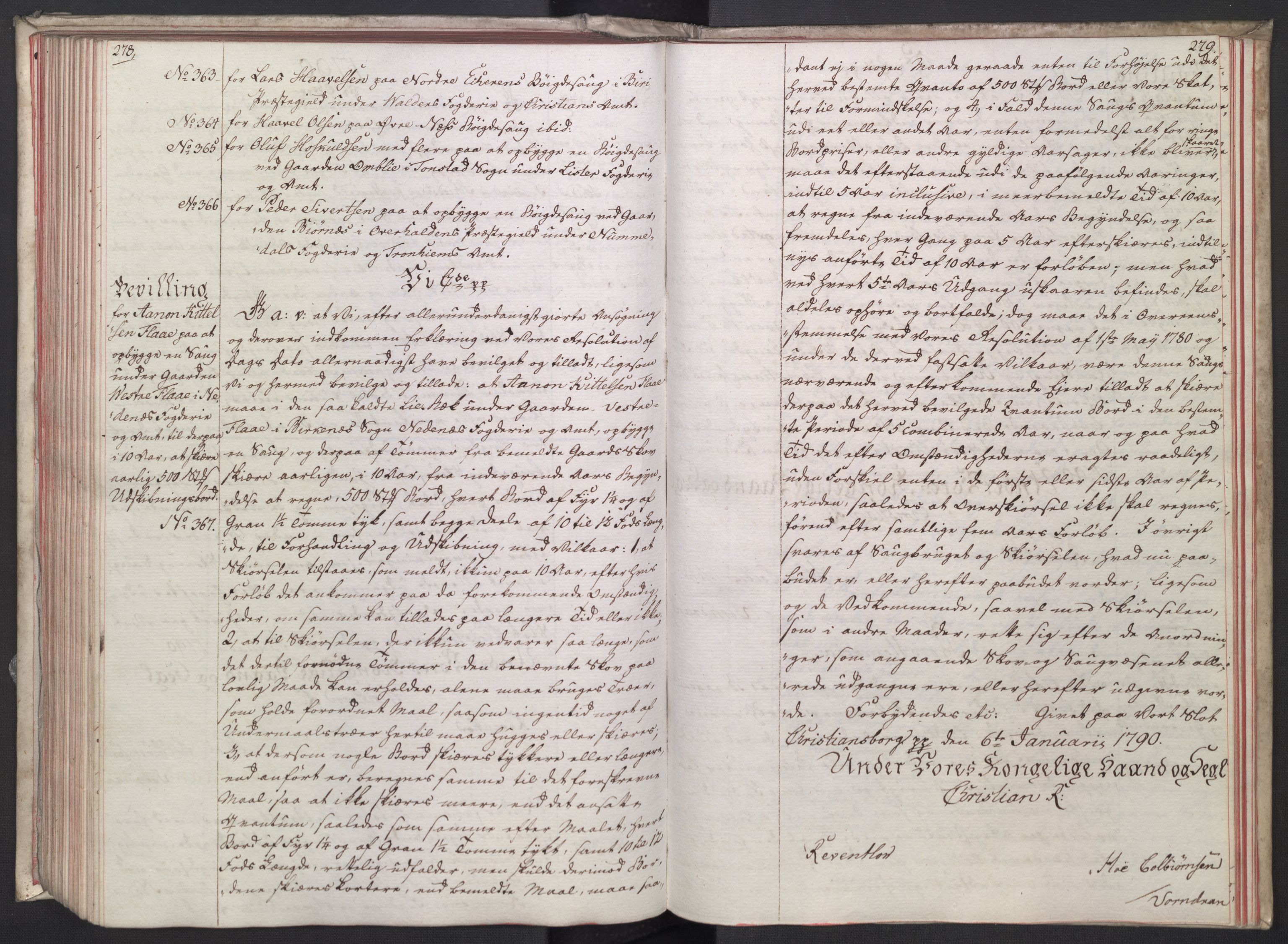 Rentekammeret, Kammerkanselliet, RA/EA-3111/G/Gg/Gga/L0014: Norsk ekspedisjonsprotokoll med register (merket RK 53.14), 1787-1790, p. 278-279