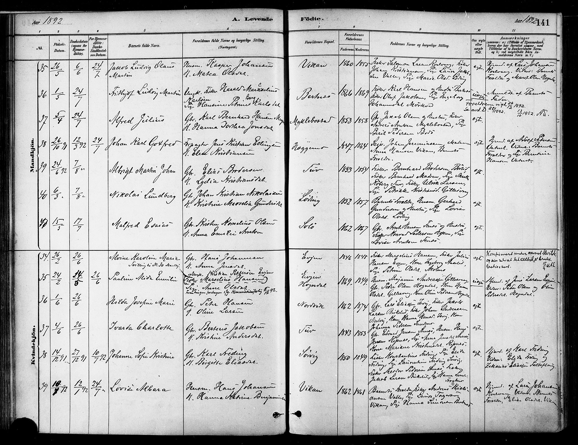 Ministerialprotokoller, klokkerbøker og fødselsregistre - Nordland, AV/SAT-A-1459/802/L0054: Parish register (official) no. 802A01, 1879-1893, p. 141