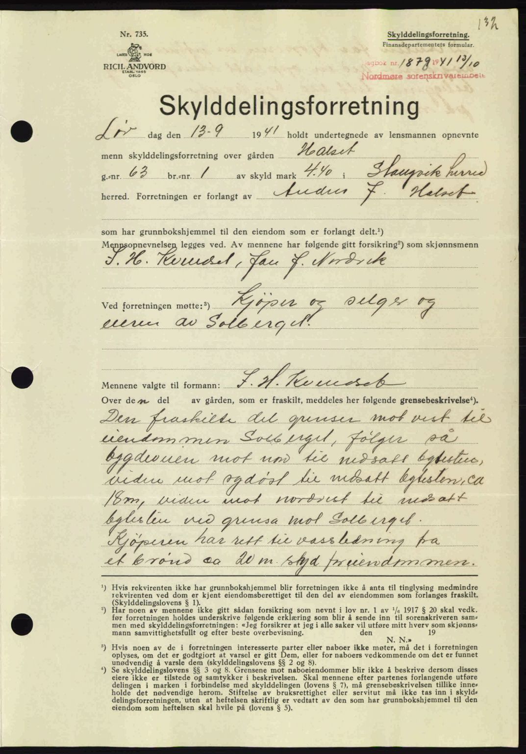 Nordmøre sorenskriveri, AV/SAT-A-4132/1/2/2Ca: Mortgage book no. A91, 1941-1942, Diary no: : 1878/1941