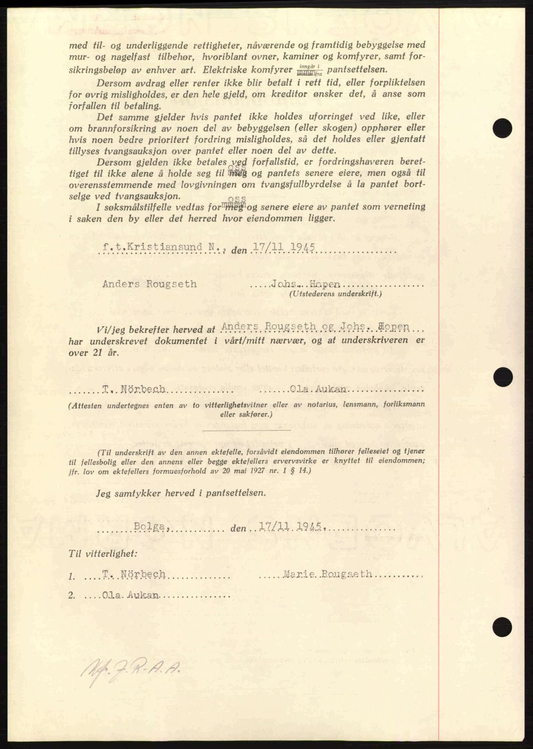 Nordmøre sorenskriveri, AV/SAT-A-4132/1/2/2Ca: Mortgage book no. B93a, 1945-1945, Diary no: : 1566/1945