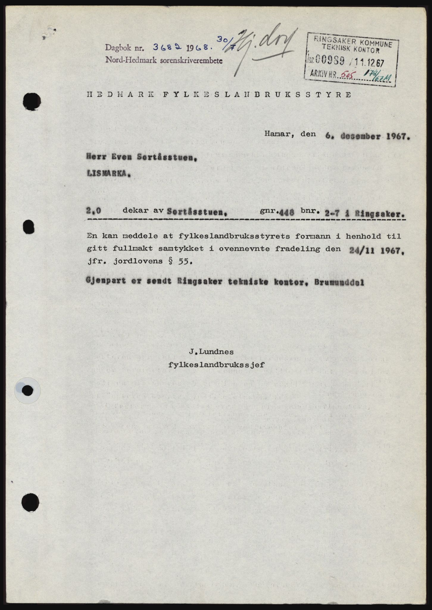 Nord-Hedmark sorenskriveri, SAH/TING-012/H/Hc/L0028: Mortgage book no. 28, 1968-1968, Diary no: : 3682/1968
