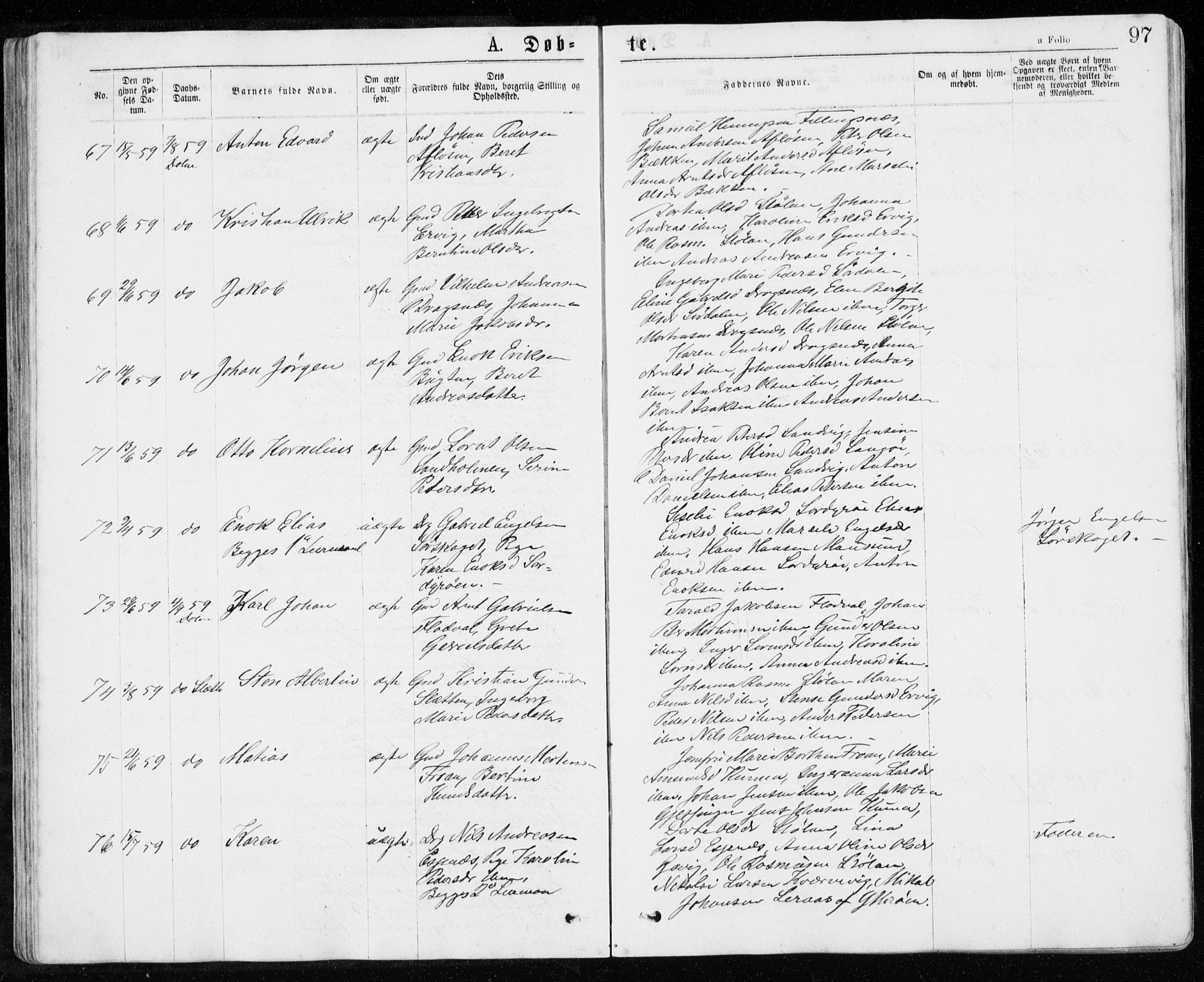 Ministerialprotokoller, klokkerbøker og fødselsregistre - Sør-Trøndelag, AV/SAT-A-1456/640/L0576: Parish register (official) no. 640A01, 1846-1876, p. 97