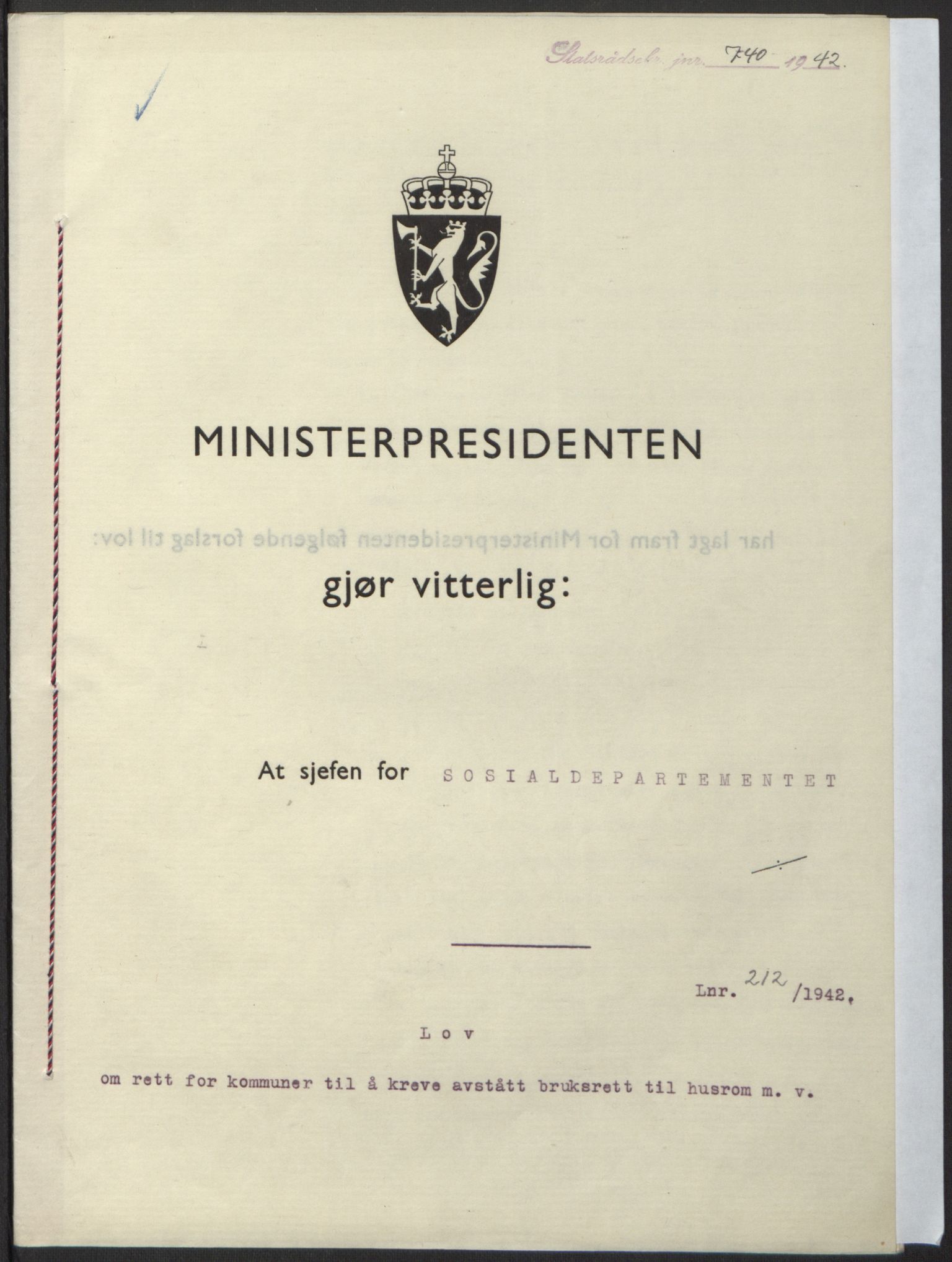 NS-administrasjonen 1940-1945 (Statsrådsekretariatet, de kommisariske statsråder mm), RA/S-4279/D/Db/L0098: Lover II, 1942, p. 470