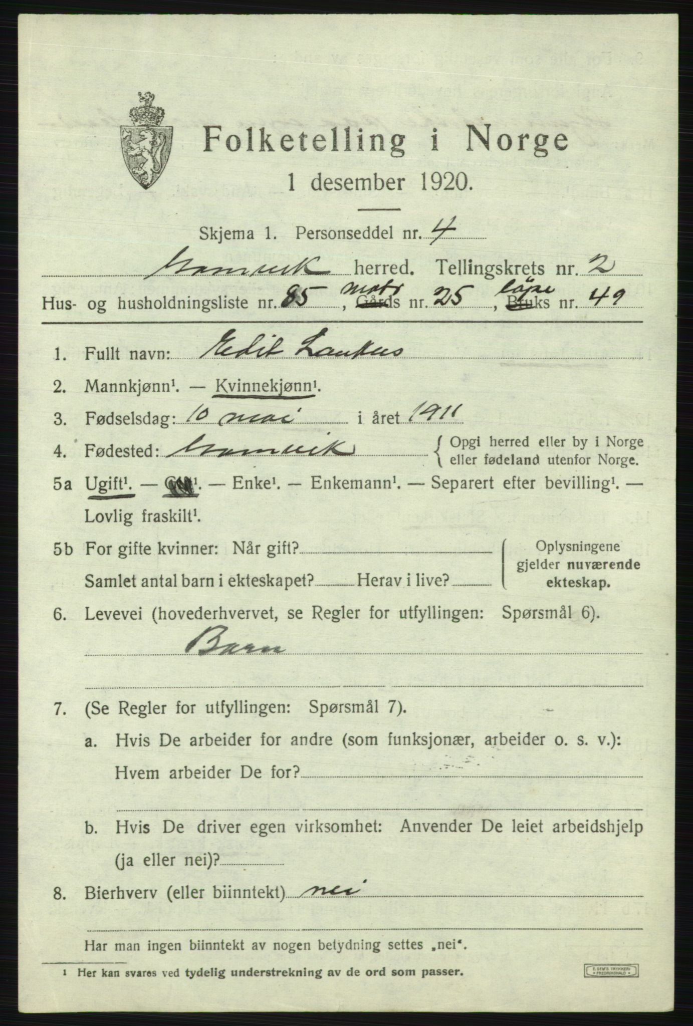 SATØ, 1920 census for Gamvik, 1920, p. 2386