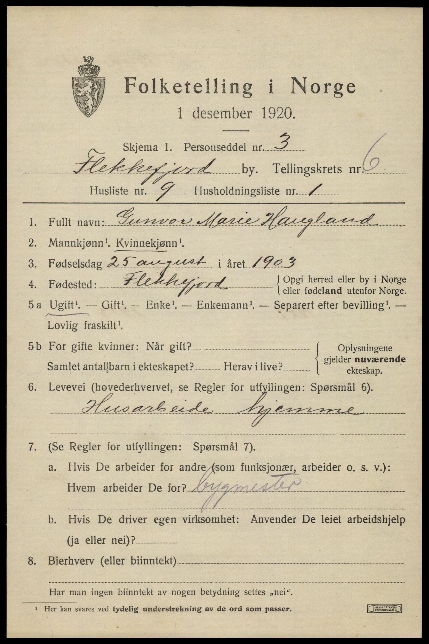 SAK, 1920 census for Flekkefjord, 1920, p. 5840