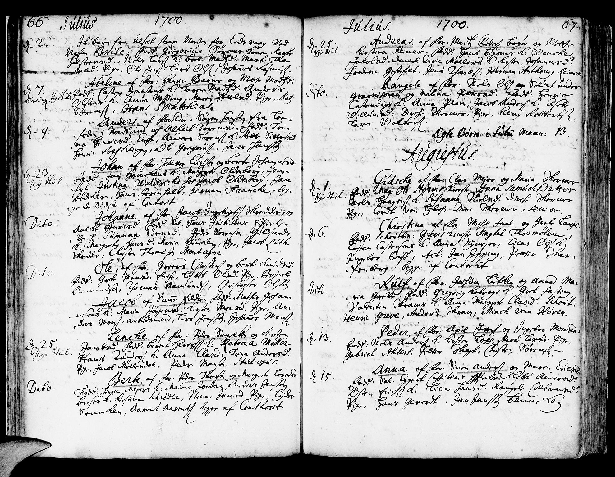 Korskirken sokneprestembete, AV/SAB-A-76101/H/Haa/L0003: Parish register (official) no. A 3, 1698-1719, p. 66-67