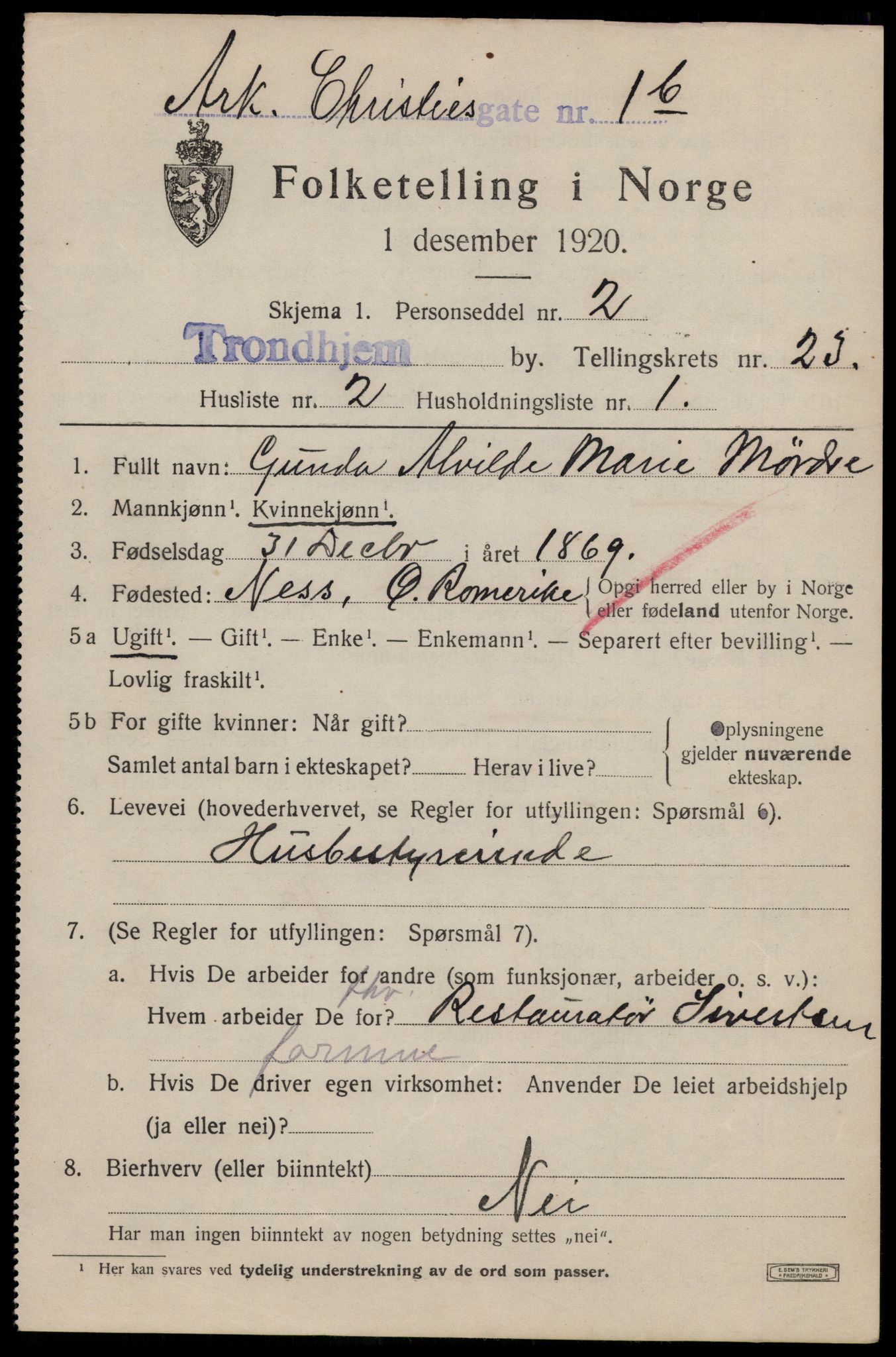 SAT, 1920 census for Trondheim, 1920, p. 63954