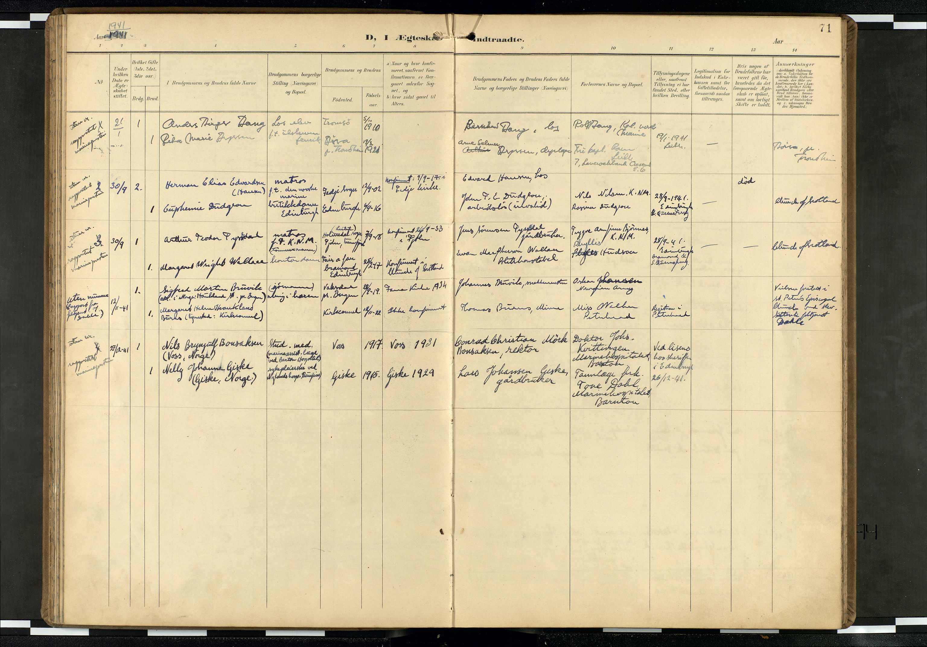 Den norske sjømannsmisjon i utlandet/Skotske havner (Leith, Glasgow), SAB/SAB/PA-0100/H/Ha/Haa/L0004: Parish register (official) no. A 4, 1899-1949, p. 70b-71a