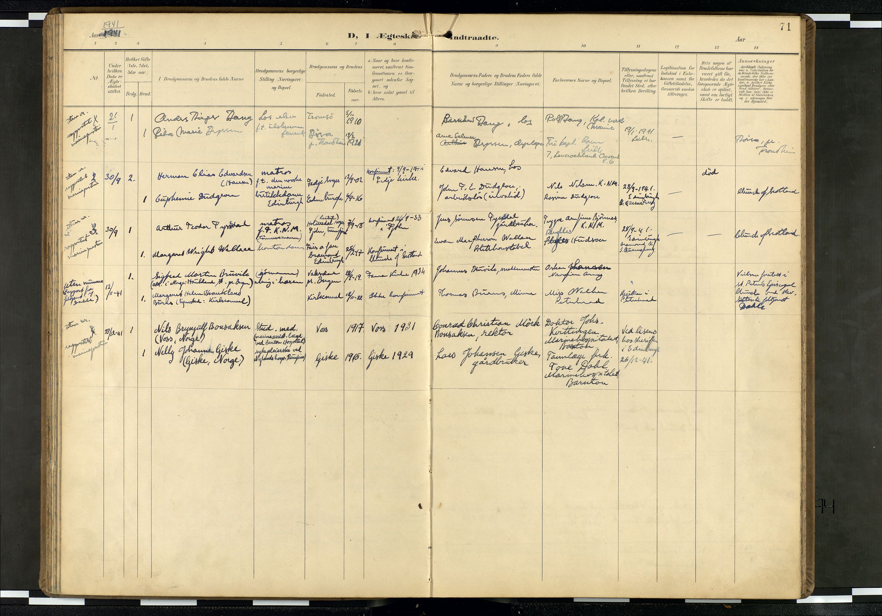 Den norske sjømannsmisjon i utlandet/Skotske havner (Leith, Glasgow), AV/SAB-SAB/PA-0100/H/Ha/Haa/L0004: Parish register (official) no. A 4, 1899-1949, p. 70b-71a