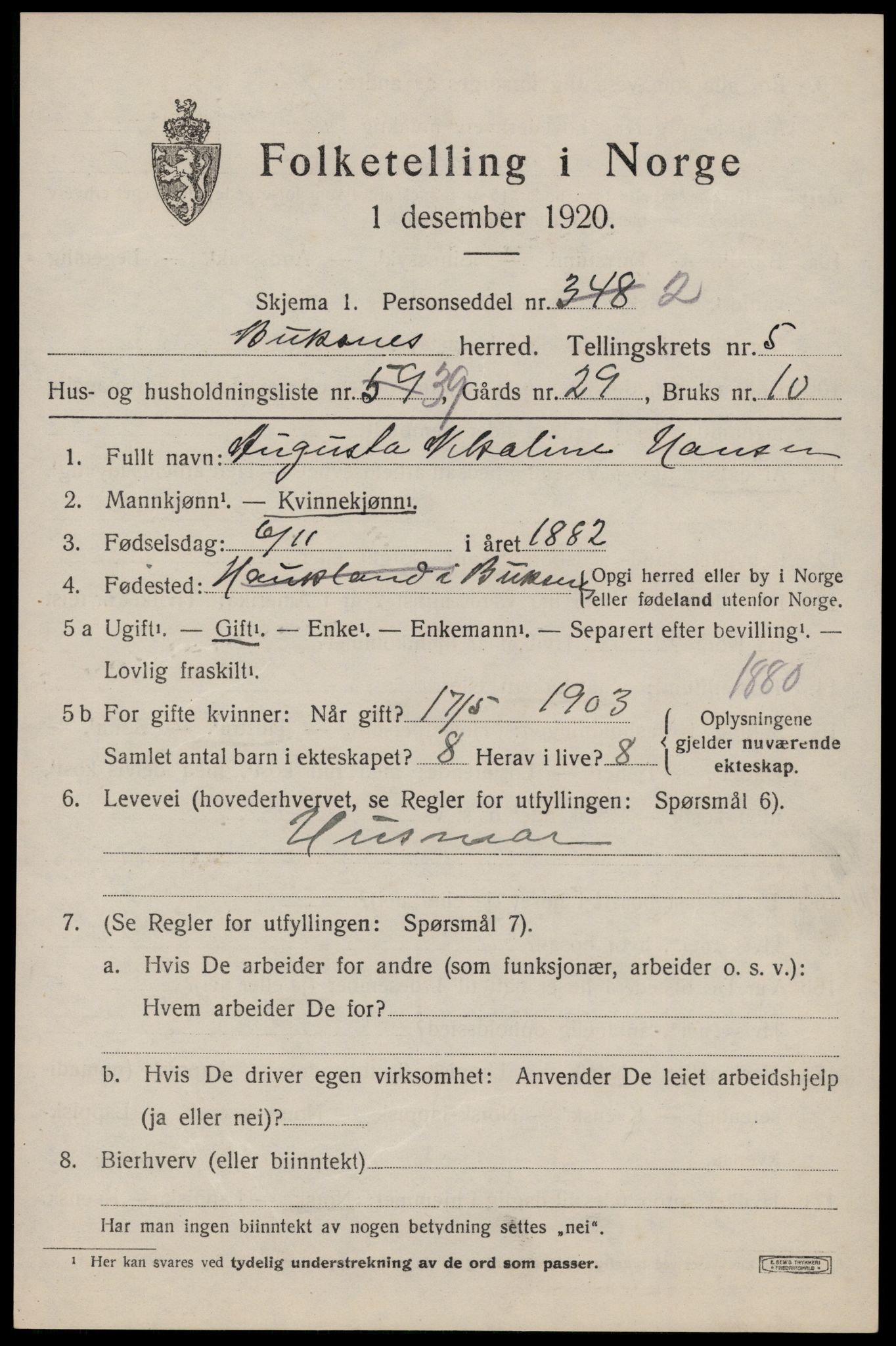 SAT, 1920 census for Buksnes, 1920, p. 5771