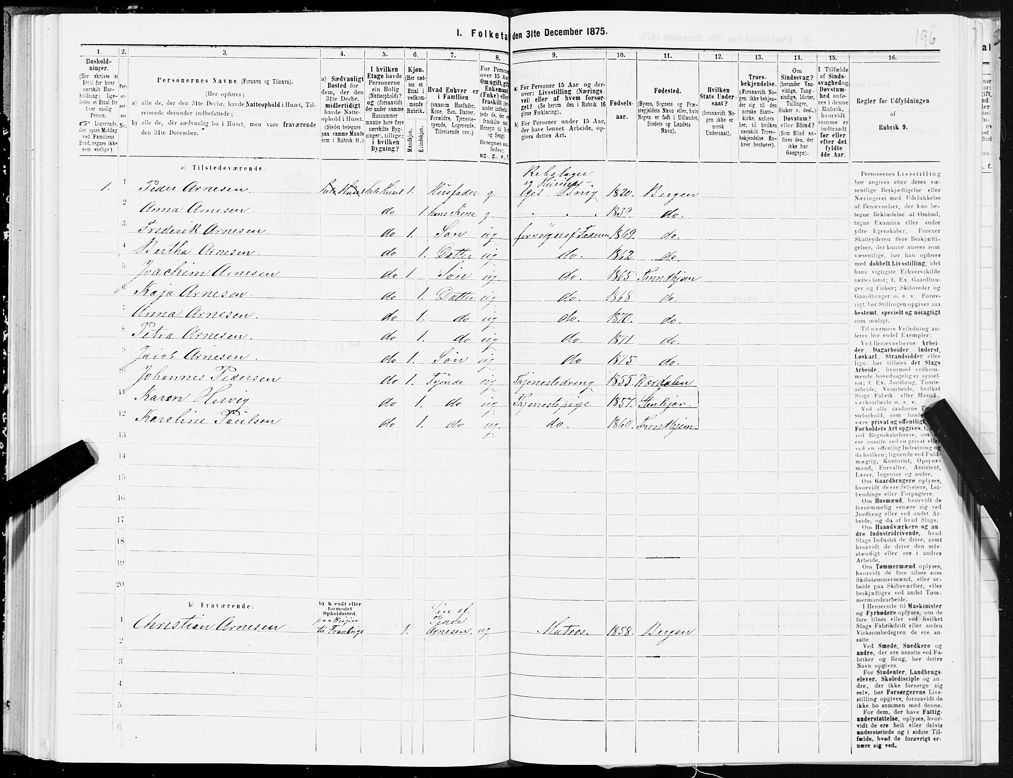 SAT, 1875 census for 1601 Trondheim, 1875, p. 7196