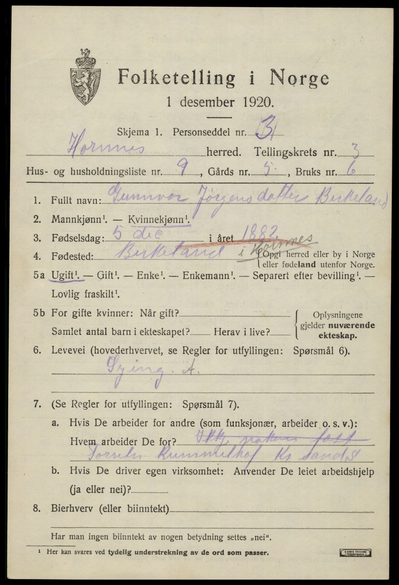 SAK, 1920 census for Hornnes, 1920, p. 899