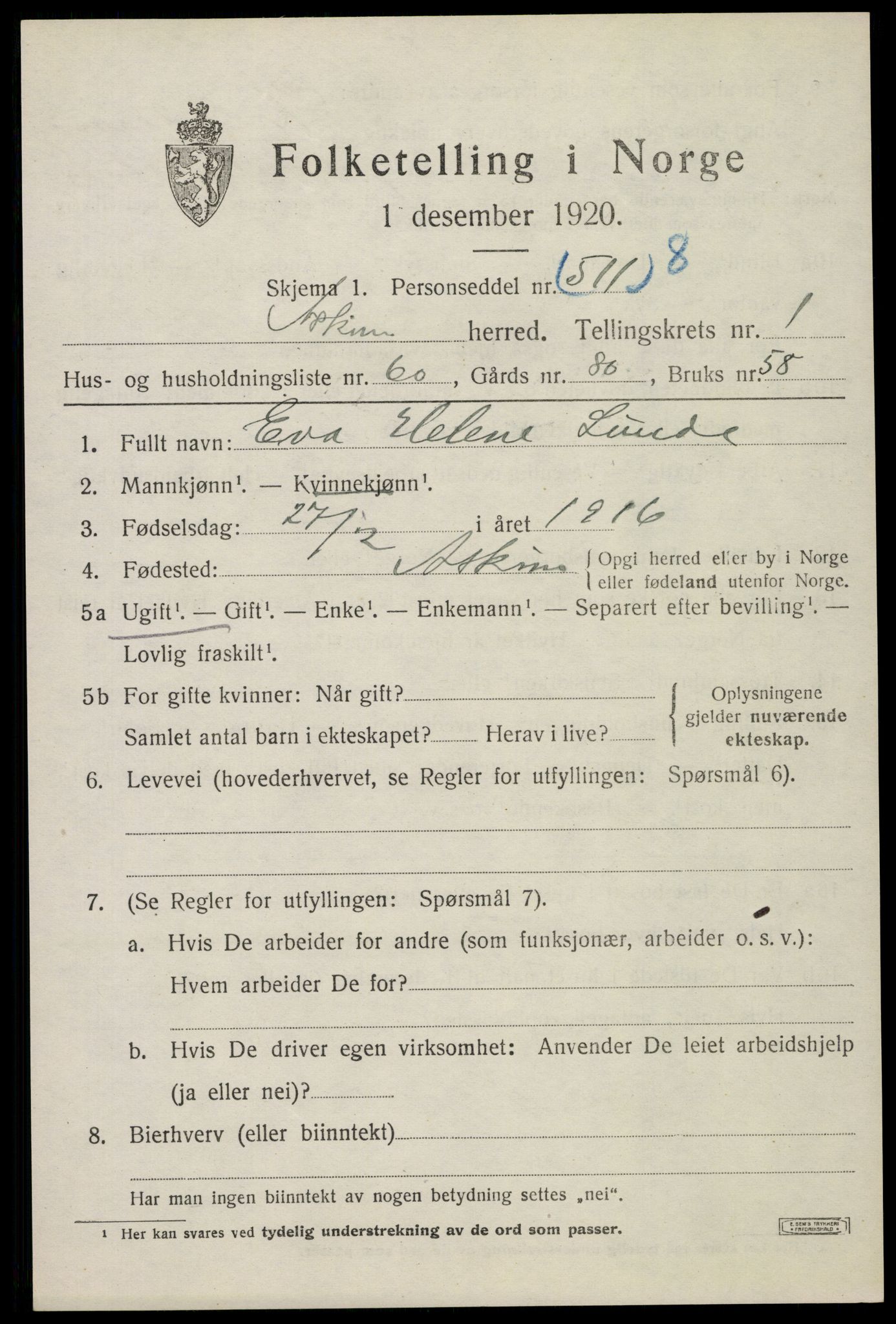 SAO, 1920 census for Askim, 1920, p. 2457