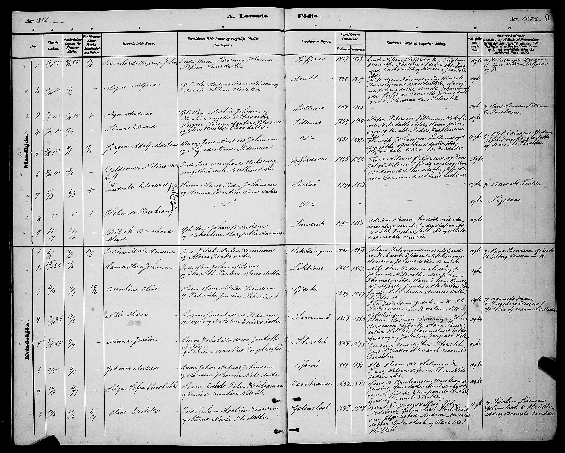 Lenvik sokneprestembete, SATØ/S-1310/H/Ha/Hab/L0021klokker: Parish register (copy) no. 21, 1884-1900, p. 9