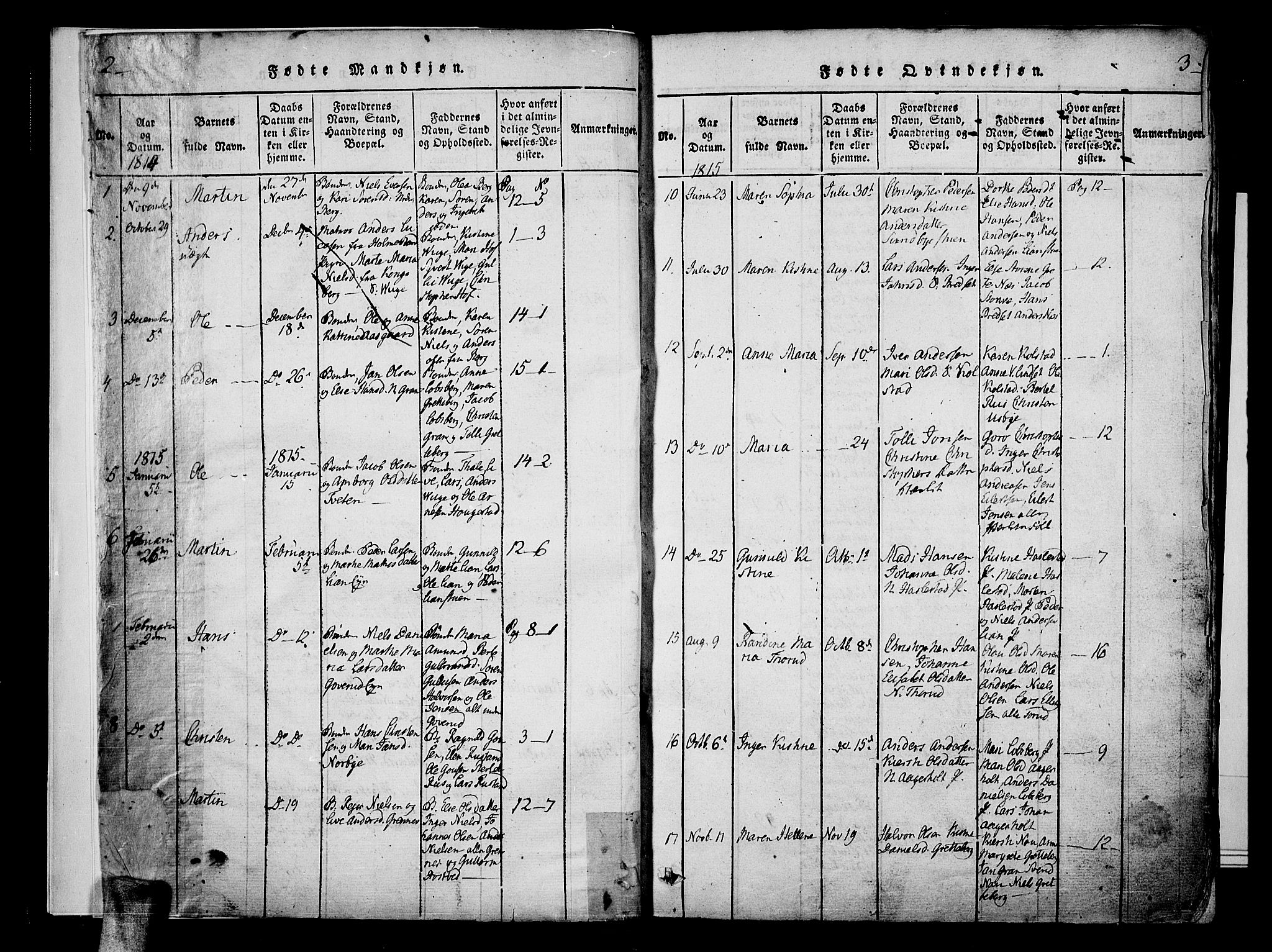 Hof kirkebøker, AV/SAKO-A-64/F/Fa/L0004: Parish register (official) no. I 4, 1814-1843, p. 2-3