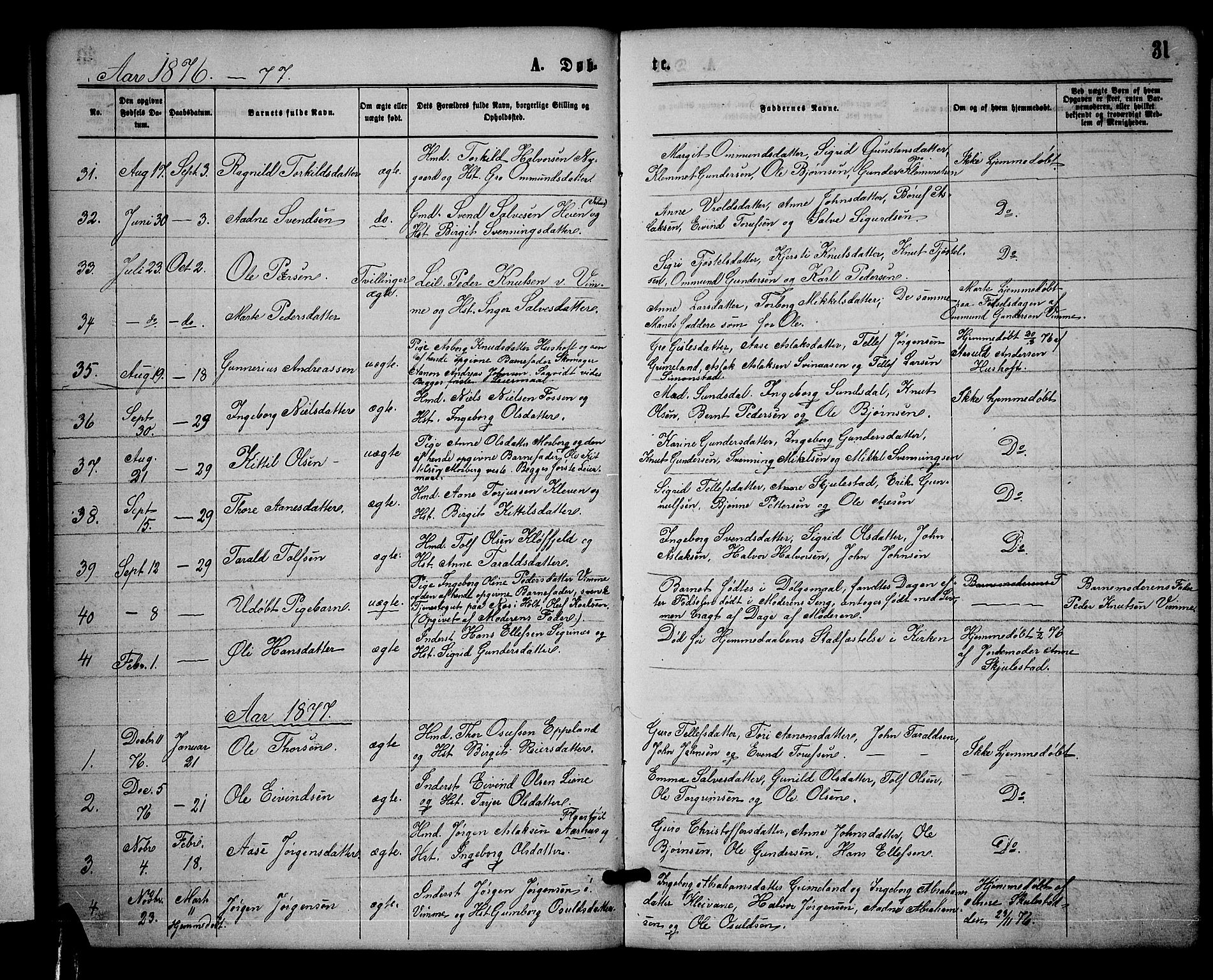 Åmli sokneprestkontor, SAK/1111-0050/F/Fb/Fbc/L0003: Parish register (copy) no. B 3, 1868-1888, p. 31