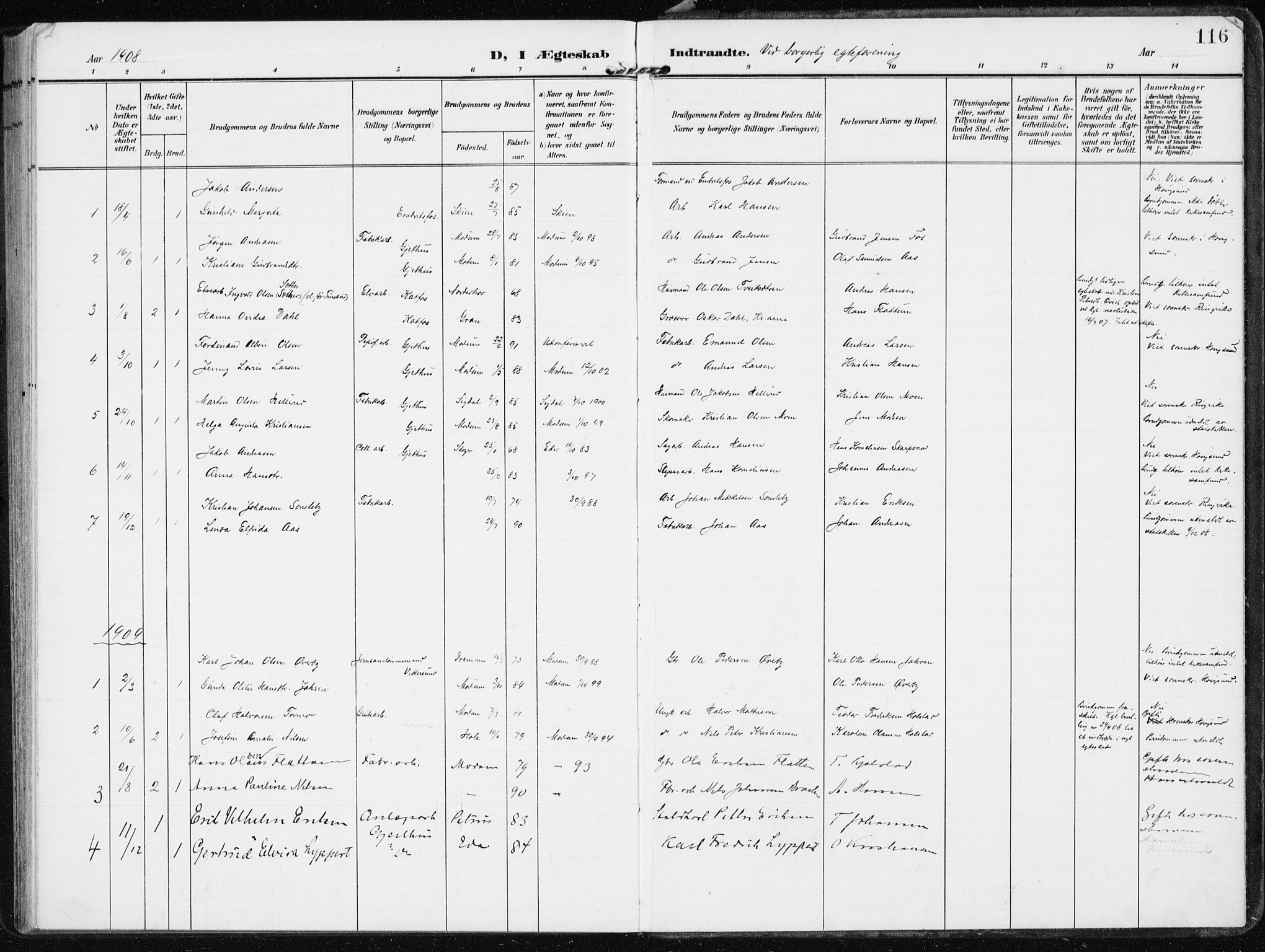 Modum kirkebøker, SAKO/A-234/F/Fa/L0014b: Parish register (official) no. 14B, 1906-1917, p. 116