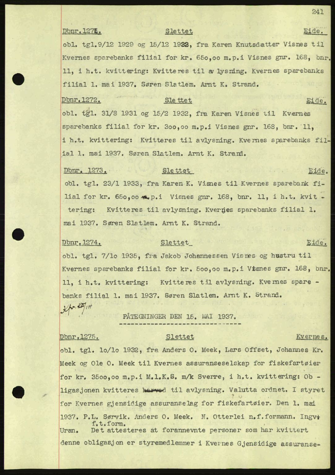 Nordmøre sorenskriveri, AV/SAT-A-4132/1/2/2Ca: Mortgage book no. C80, 1936-1939, Diary no: : 1271/1937