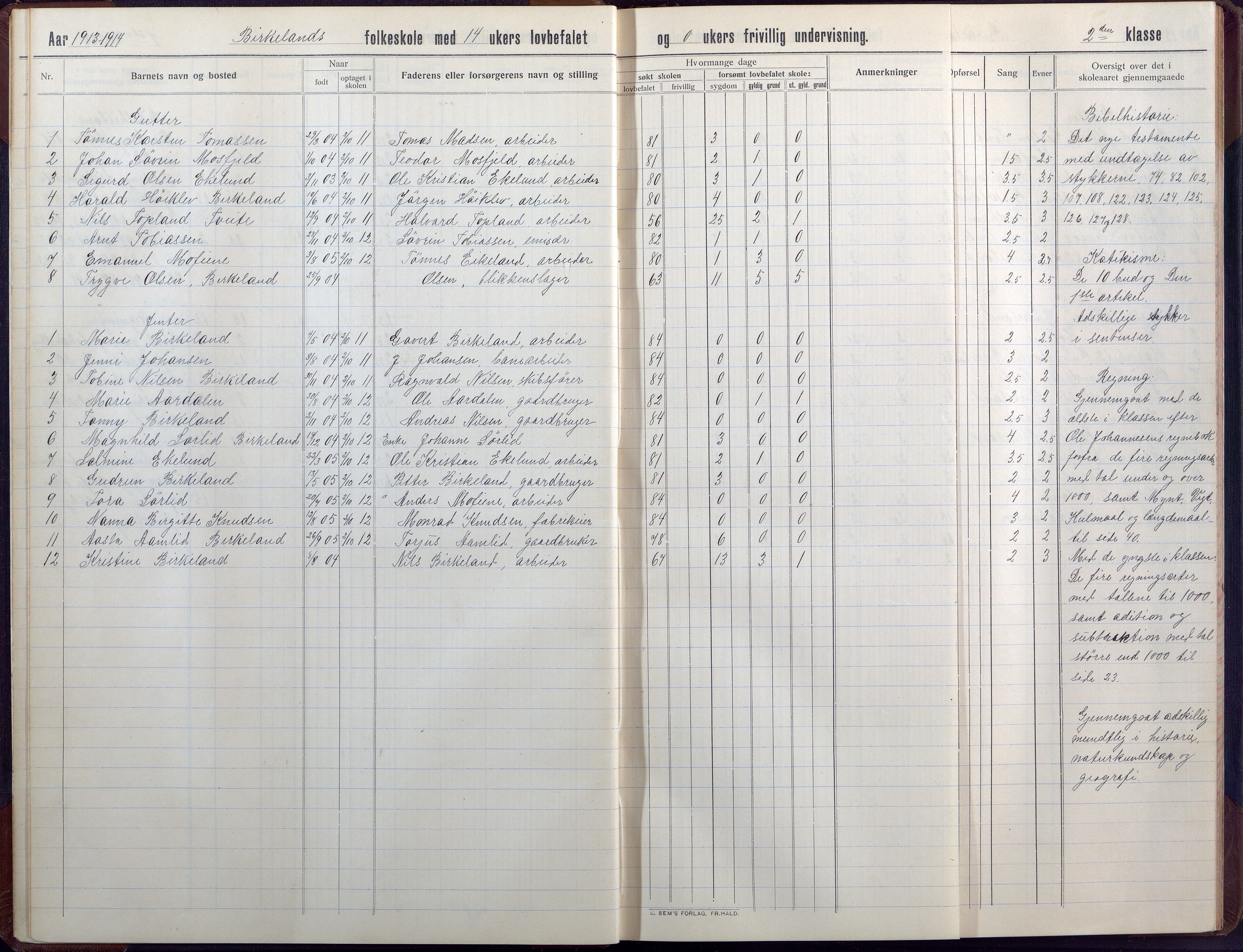 Birkenes kommune, Birkenes krets/Birkeland folkeskole frem til 1991, AAMA/KA0928-550a_91/F02/L0008: Skoleprotokoll, 1911-1930