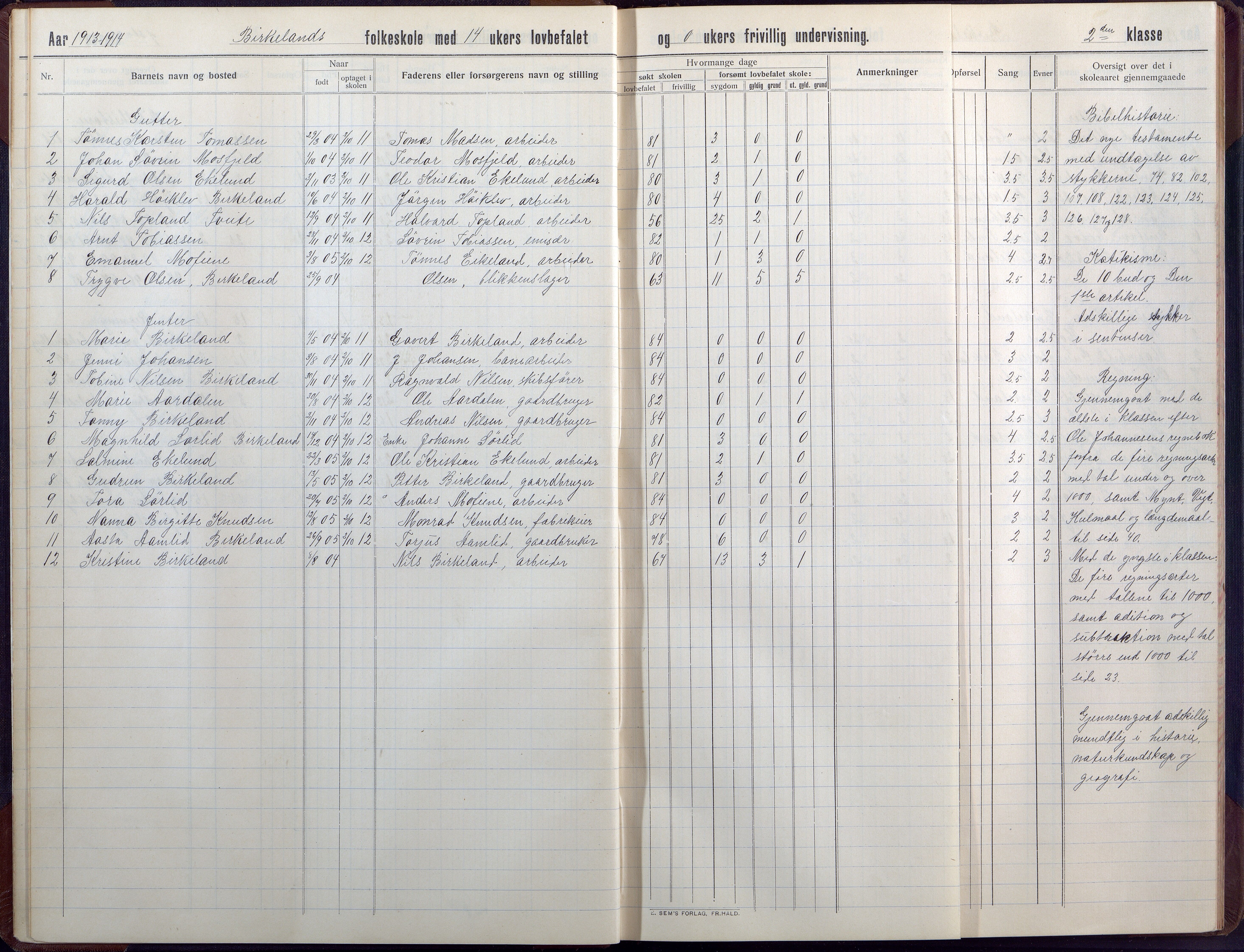 Birkenes kommune, Birkenes krets/Birkeland folkeskole frem til 1991, AAKS/KA0928-550a_91/F02/L0008: Skoleprotokoll, 1911-1930