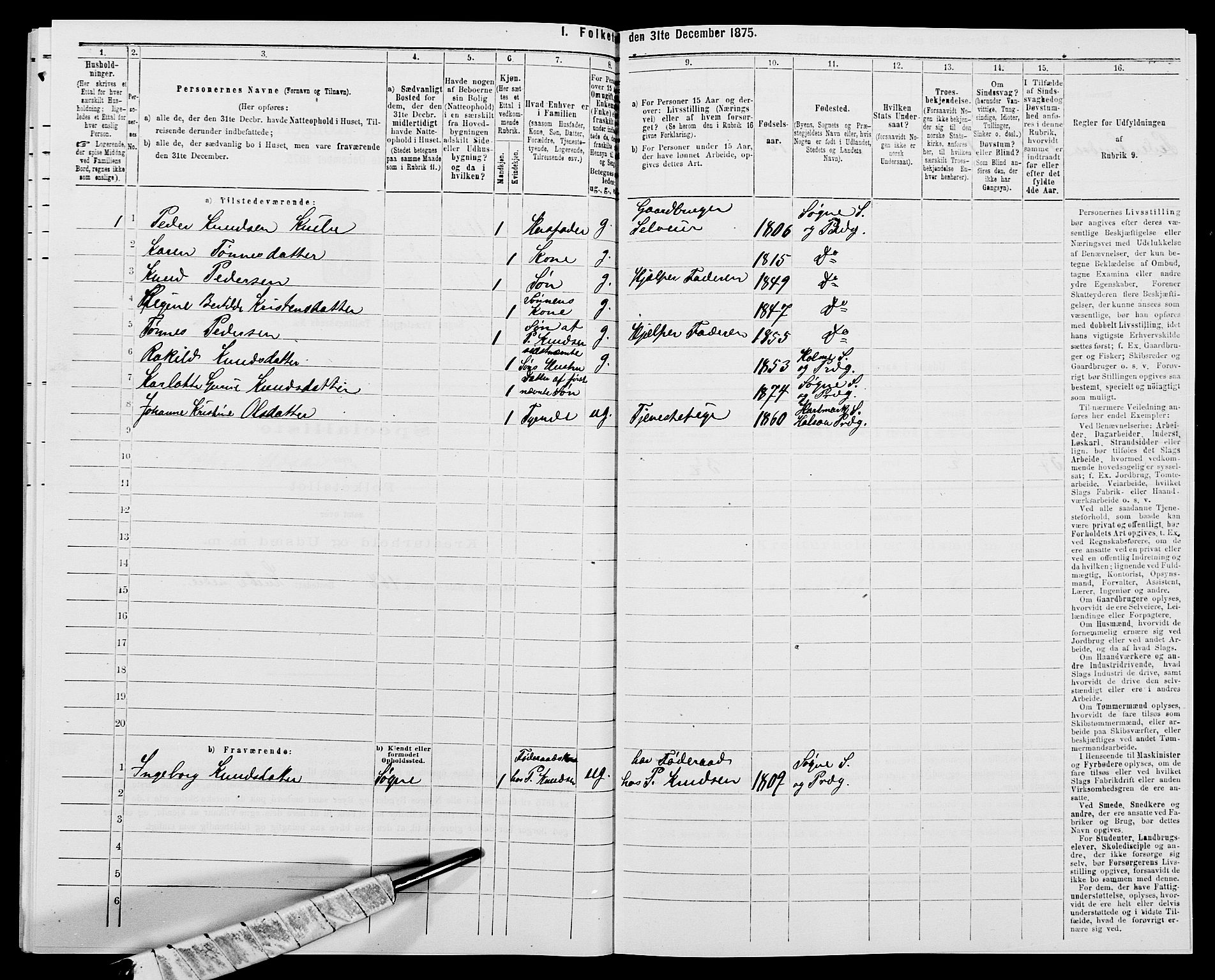 SAK, 1875 census for 1018P Søgne, 1875, p. 907