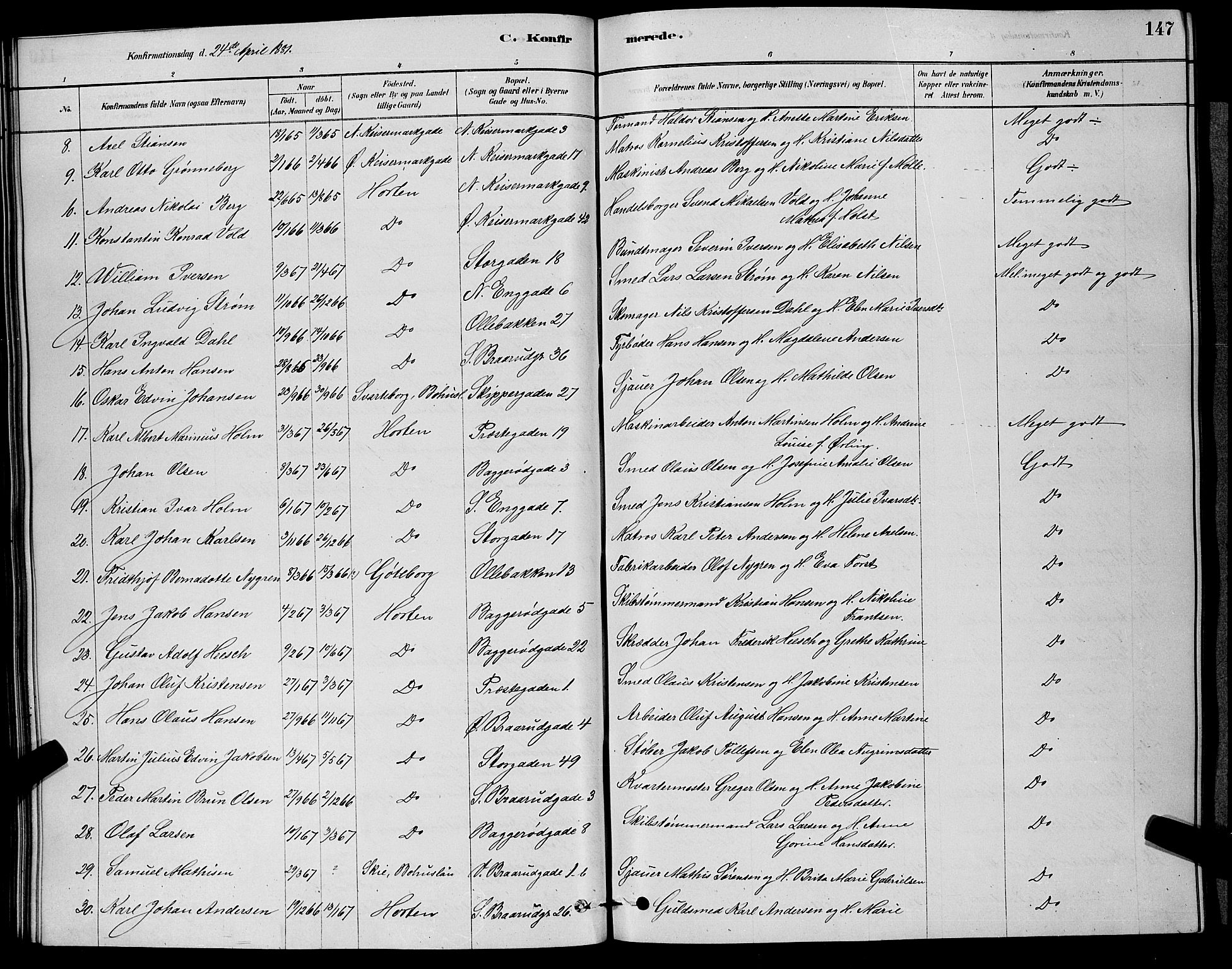 Horten kirkebøker, AV/SAKO-A-348/G/Ga/L0003: Parish register (copy) no. 4, 1878-1887, p. 147