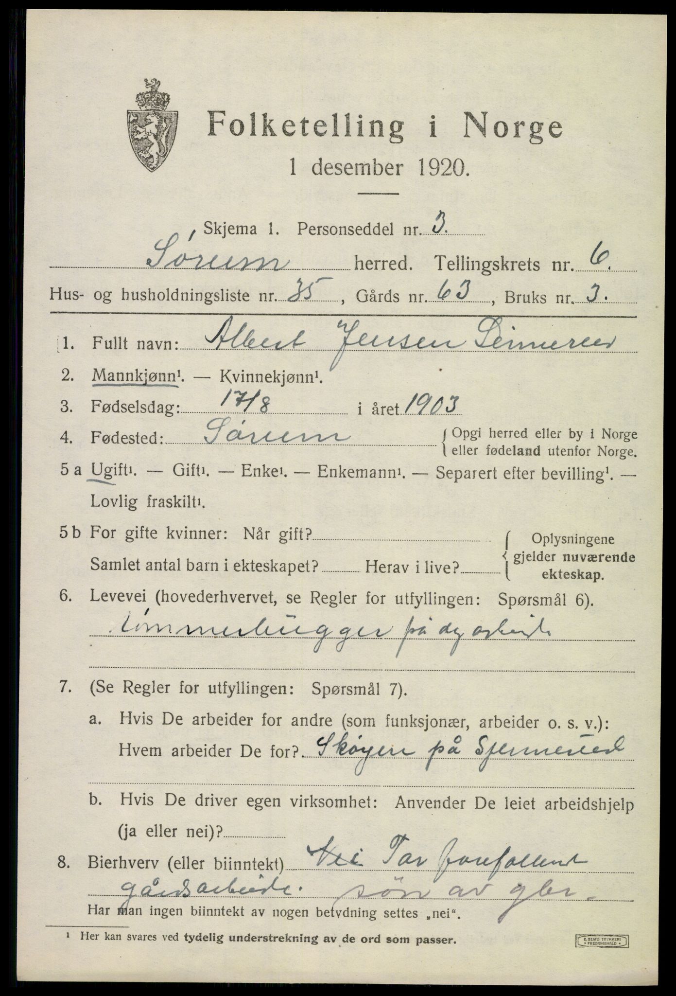 SAO, 1920 census for Sørum, 1920, p. 5911