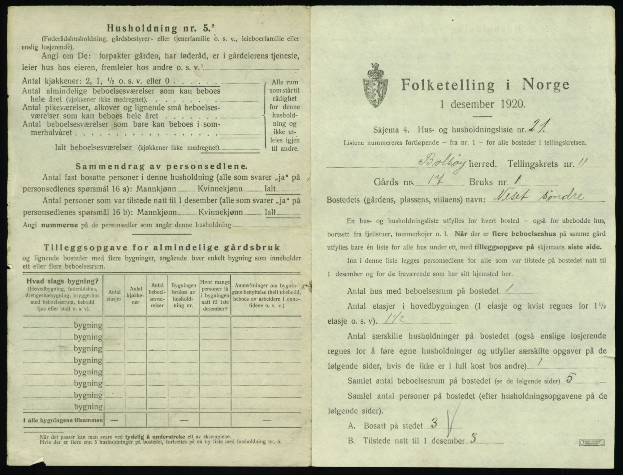 SAT, 1920 census for Bolsøy, 1920, p. 1613