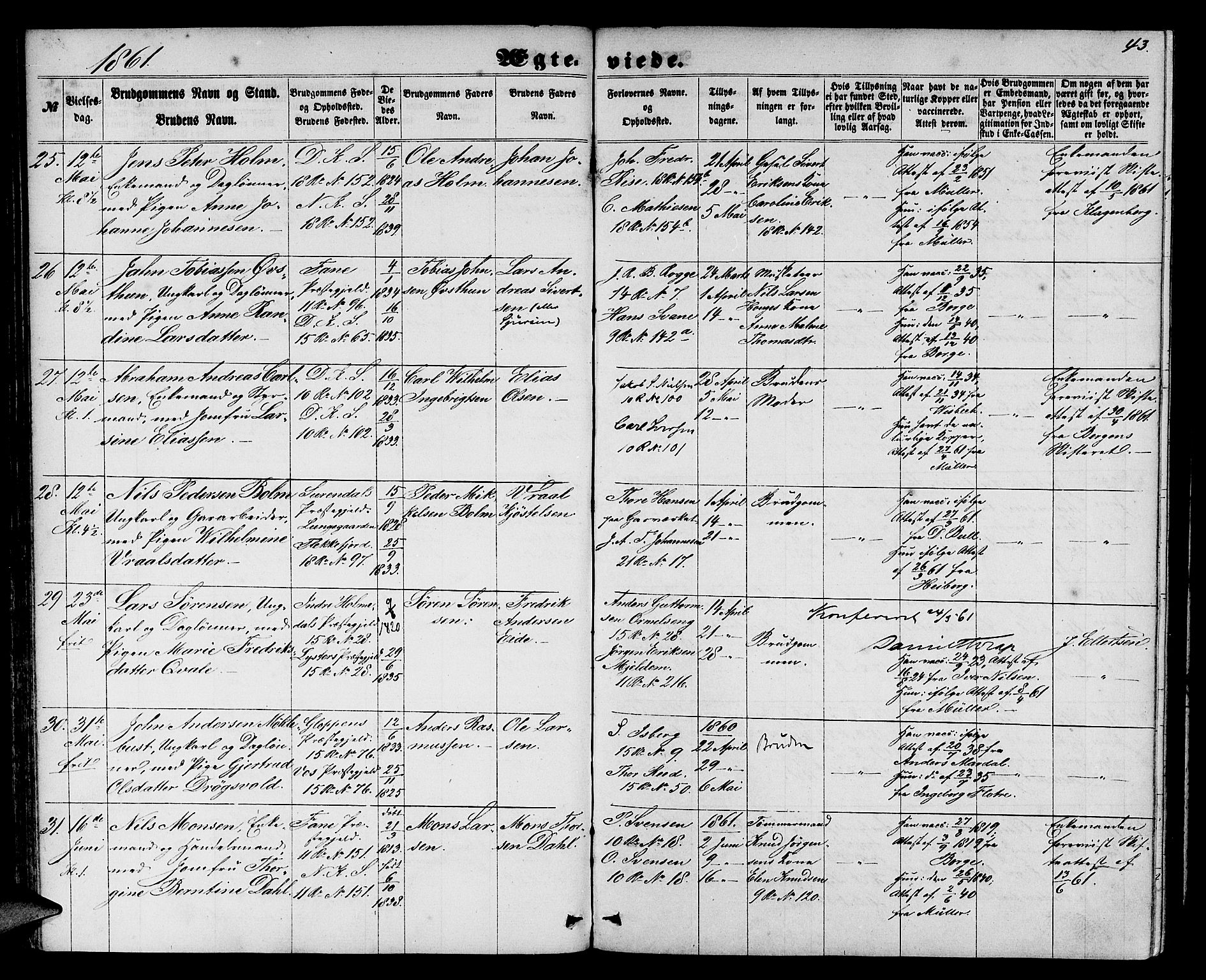 Domkirken sokneprestembete, AV/SAB-A-74801/H/Hab/L0030: Parish register (copy) no. D 2, 1857-1876, p. 43