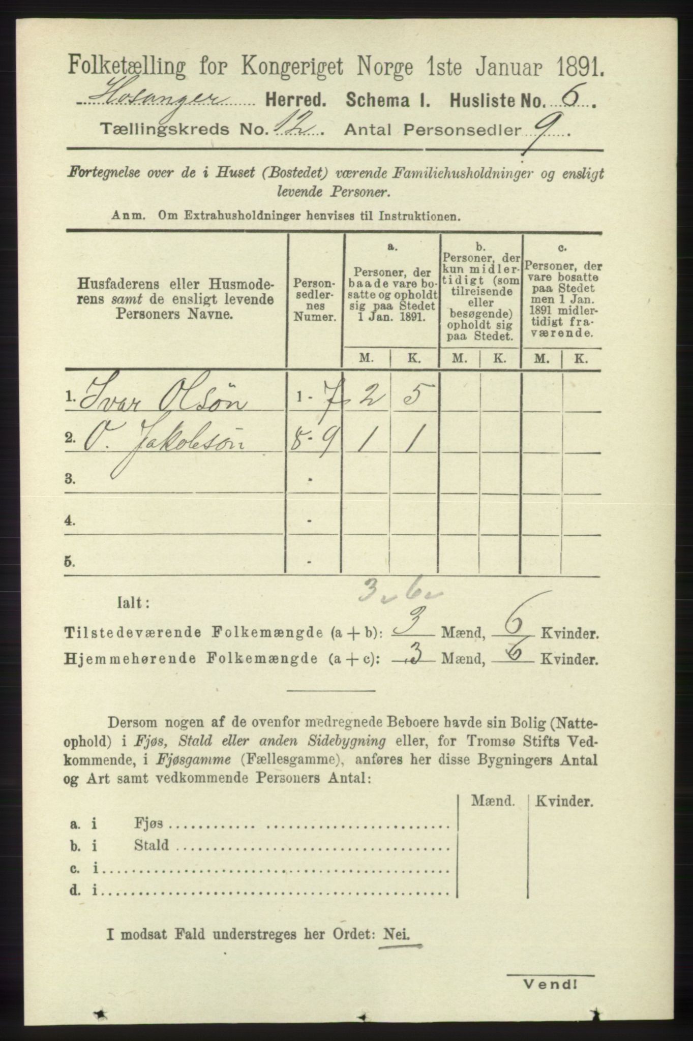 RA, 1891 census for 1253 Hosanger, 1891, p. 3966