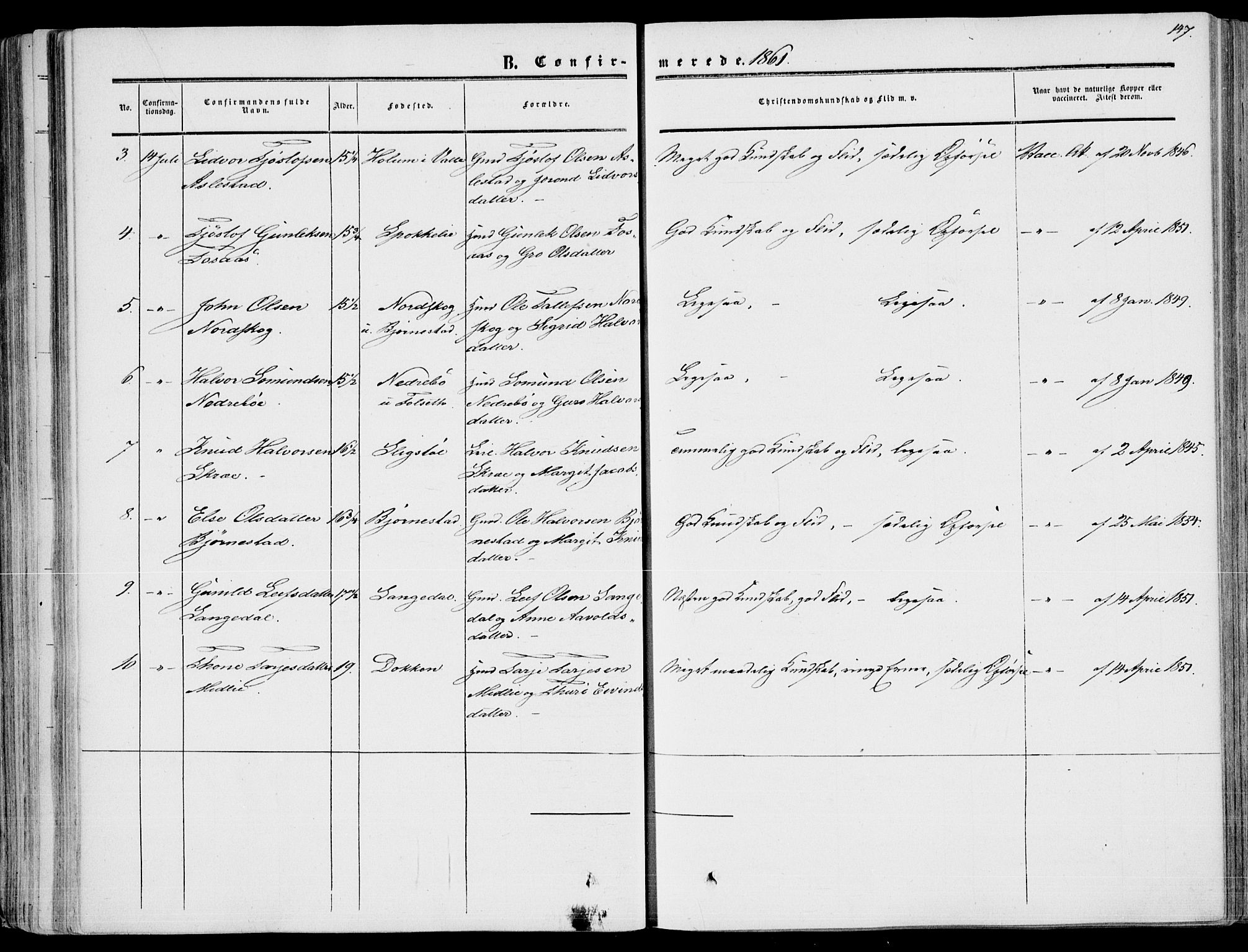 Fyresdal kirkebøker, SAKO/A-263/F/Fa/L0005: Parish register (official) no. I 5, 1855-1871, p. 147