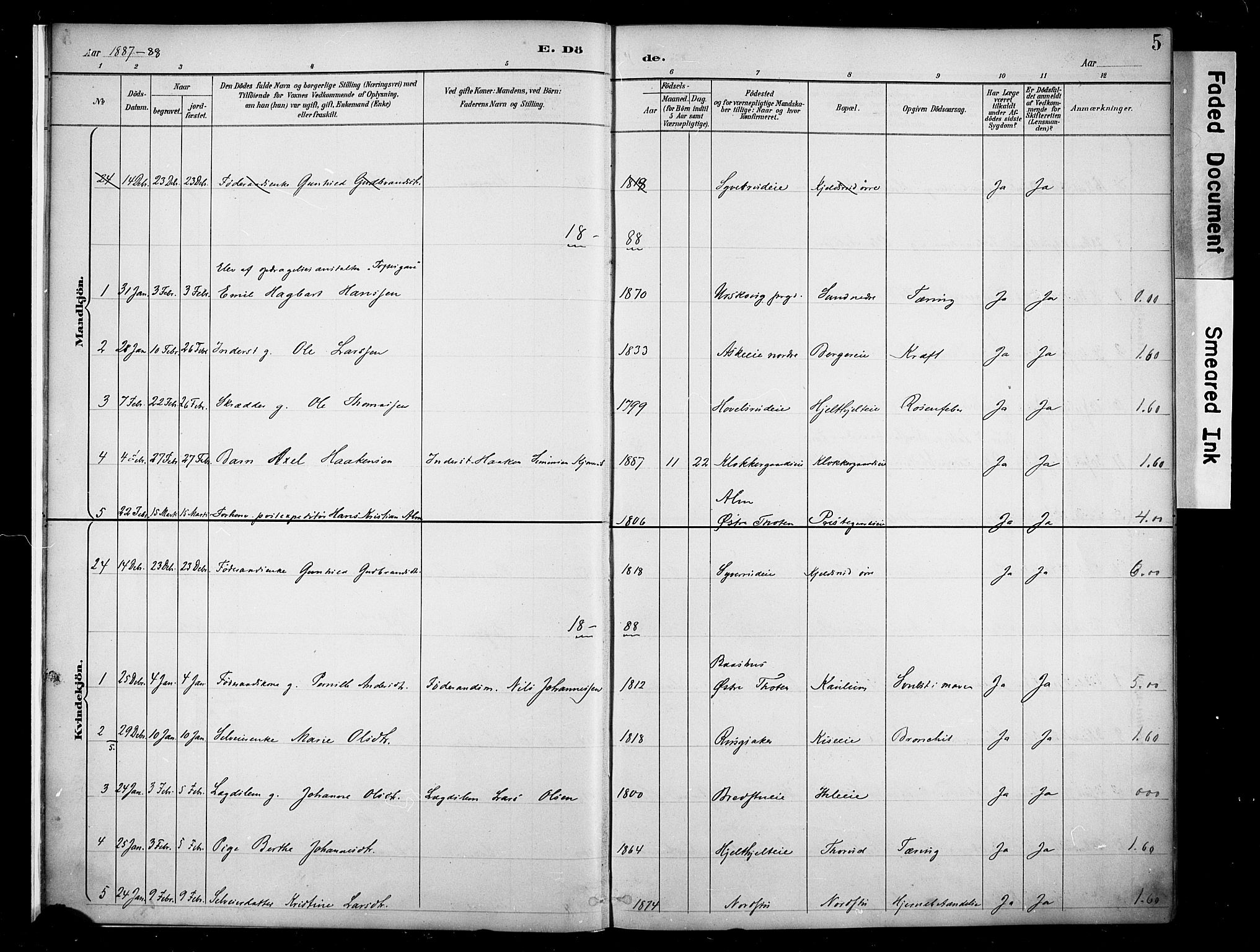 Nes prestekontor, Hedmark, SAH/PREST-020/K/Ka/L0011: Parish register (official) no. 11, 1887-1905, p. 5