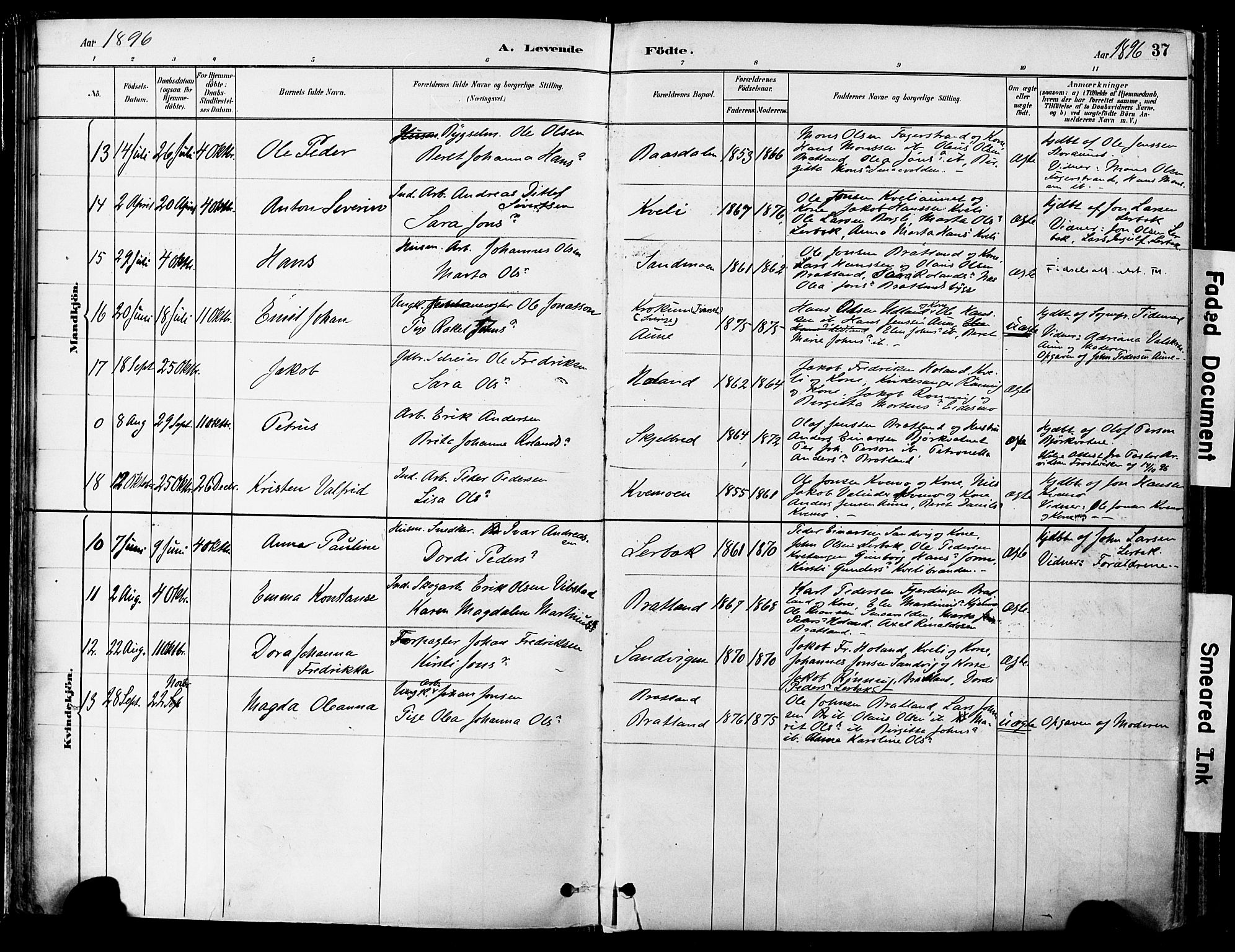 Ministerialprotokoller, klokkerbøker og fødselsregistre - Nord-Trøndelag, SAT/A-1458/755/L0494: Parish register (official) no. 755A03, 1882-1902, p. 37