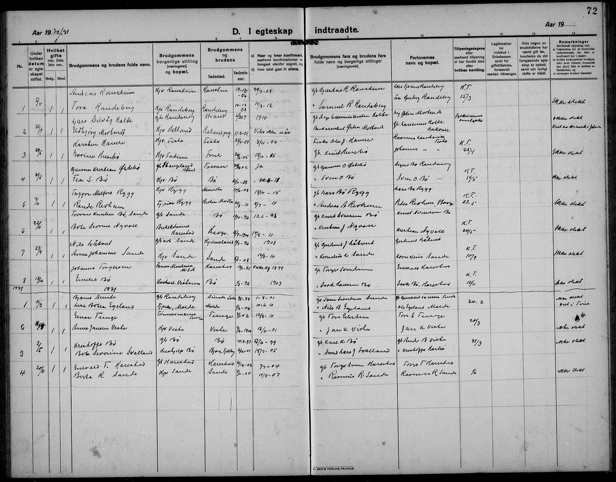 Hetland sokneprestkontor, SAST/A-101826/30/30BB/L0012: Parish register (copy) no. B 12, 1922-1940, p. 72