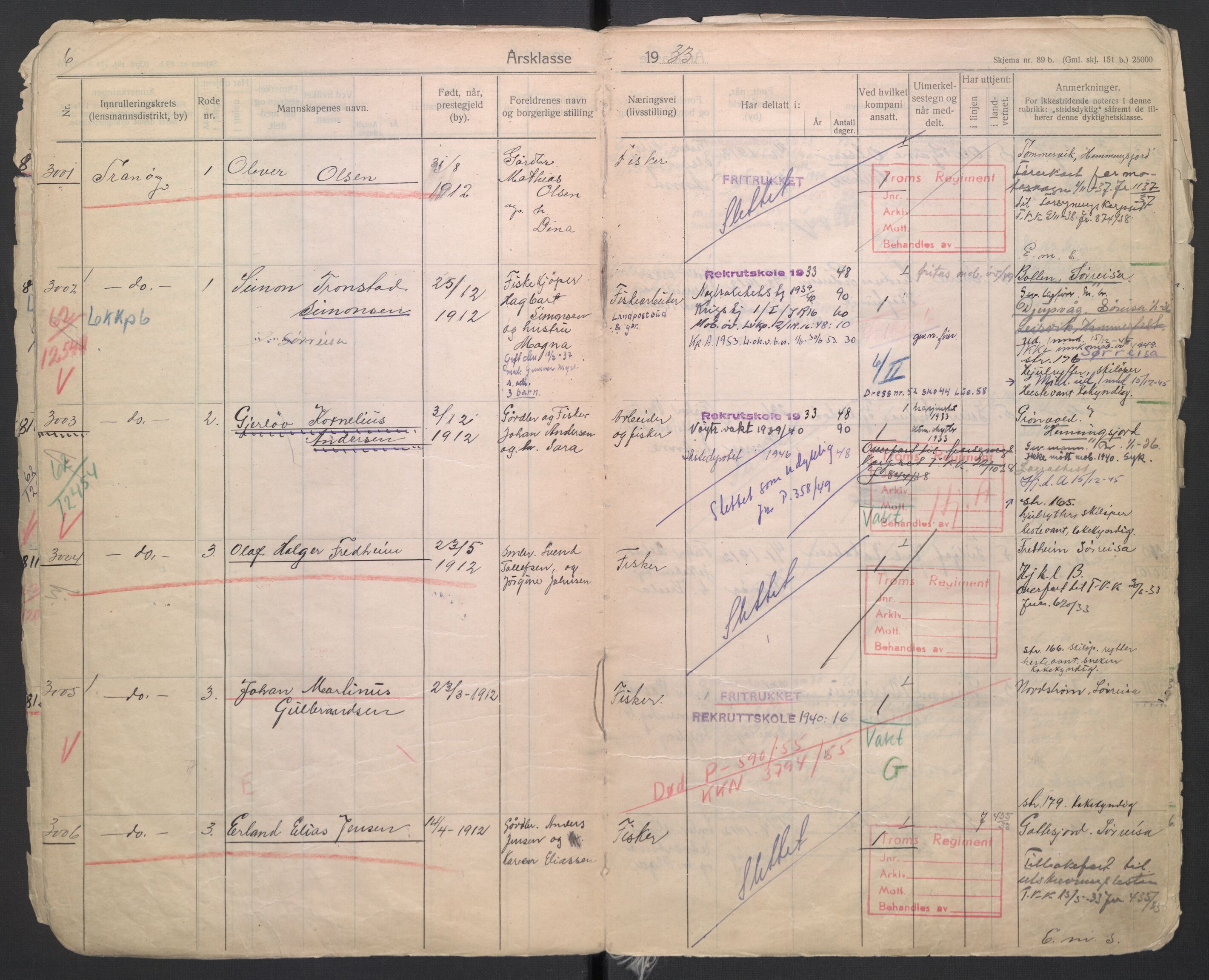 Forsvaret, Troms infanteriregiment nr. 16, AV/RA-RAFA-3146/P/Pa/L0006/0004: Ruller / Rulle for Trondenes bataljons menige mannskaper, årsklasse 1933, 1933