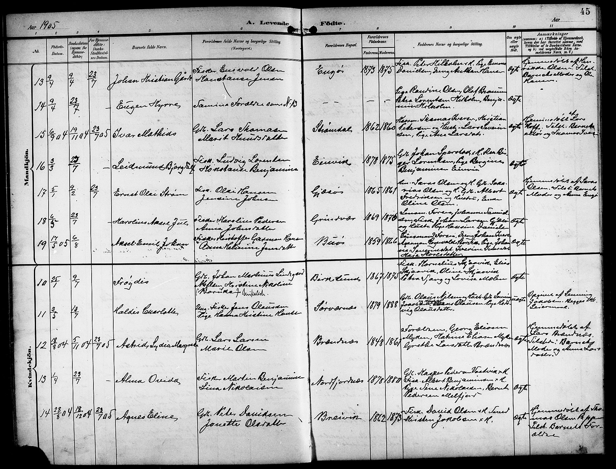 Ministerialprotokoller, klokkerbøker og fødselsregistre - Nordland, AV/SAT-A-1459/841/L0621: Parish register (copy) no. 841C05, 1897-1923, p. 45