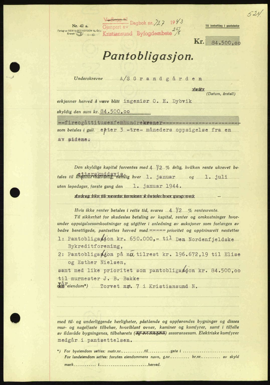Kristiansund byfogd, SAT/A-4587/A/27: Mortgage book no. 36, 1942-1943, Diary no: : 727/1943