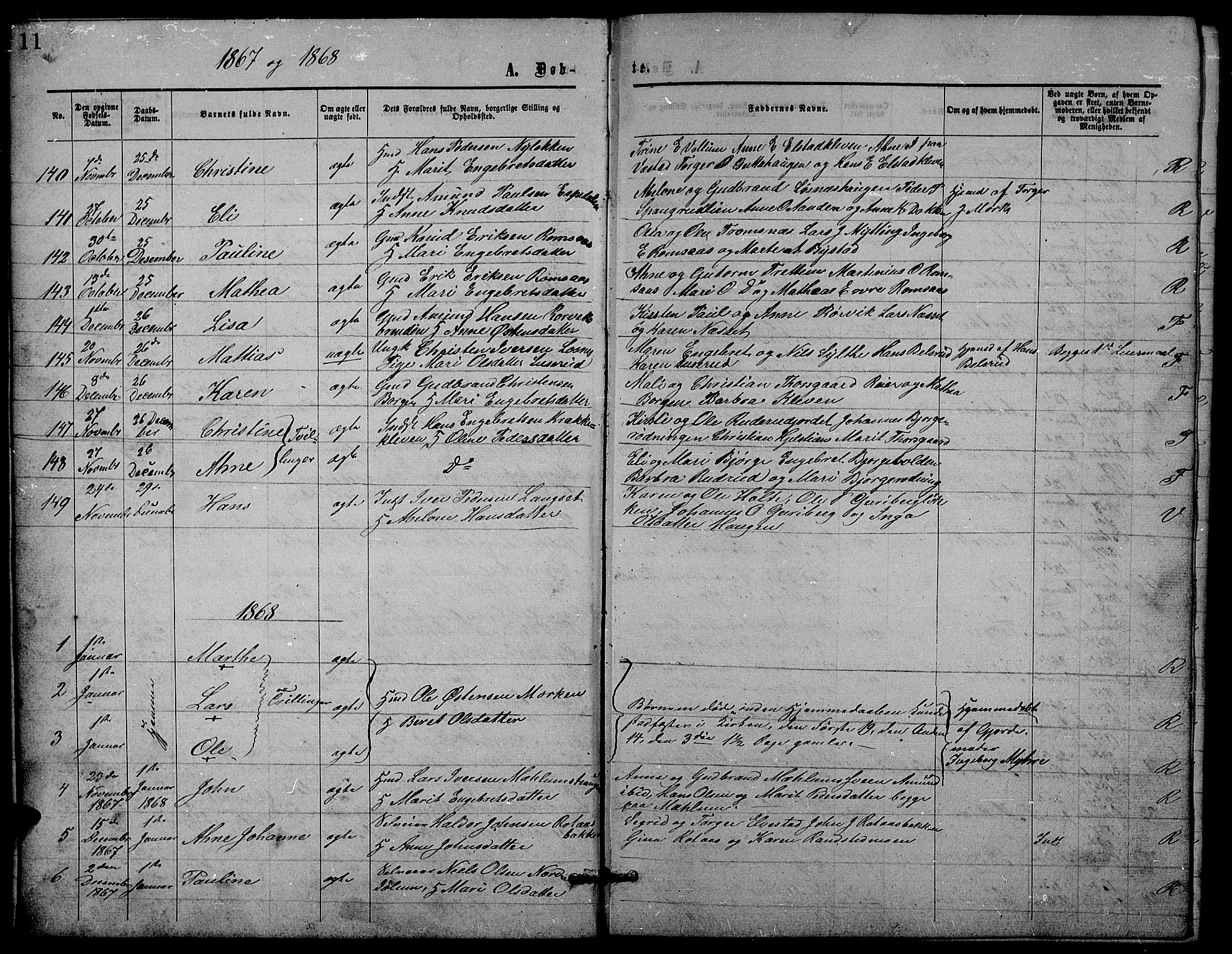 Ringebu prestekontor, SAH/PREST-082/H/Ha/Hab/L0004: Parish register (copy) no. 4, 1867-1879, p. 11