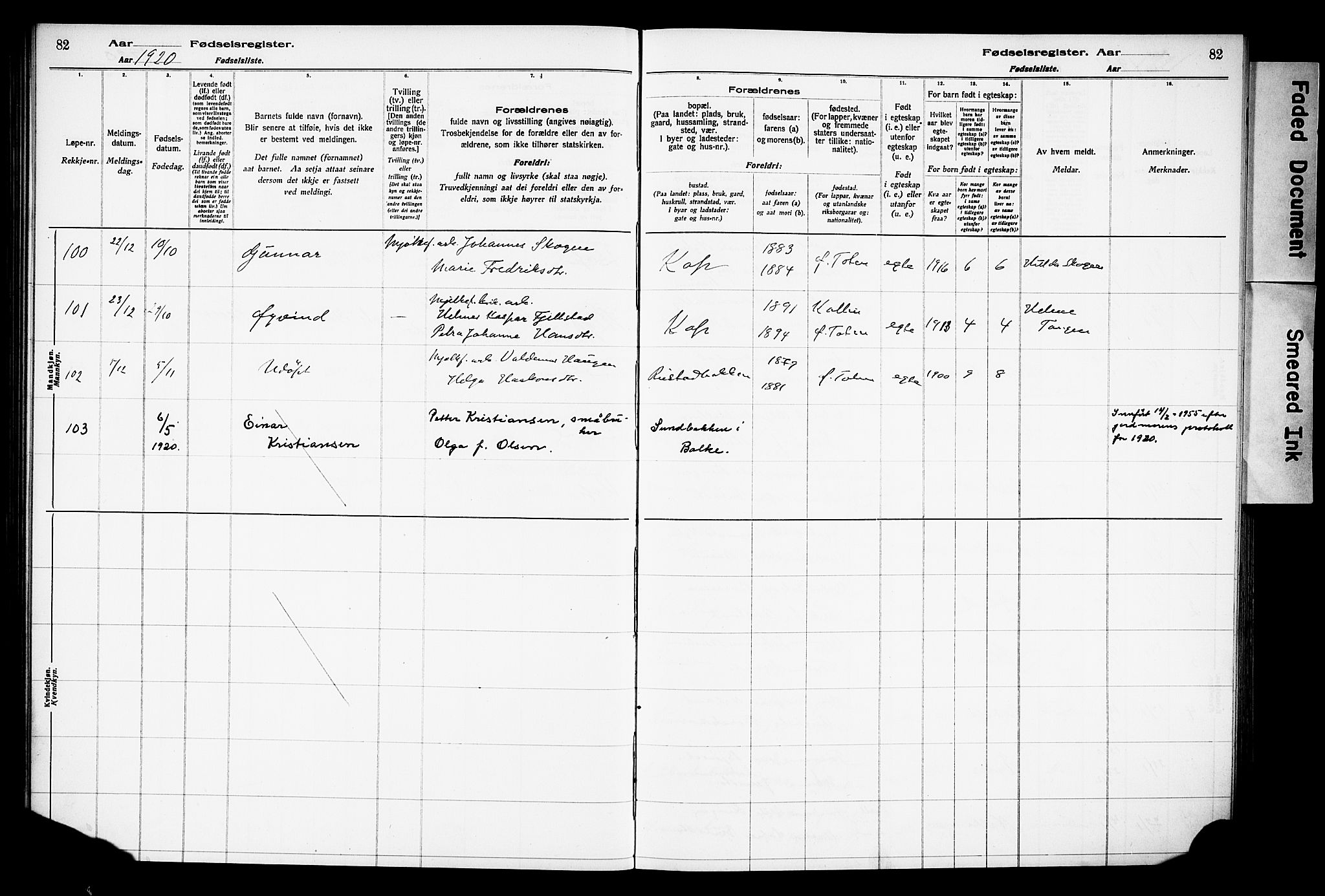 Østre Toten prestekontor, AV/SAH-PREST-104/I/Id/L0001/0001: Birth register no. 1.1, 1916-1928, p. 82