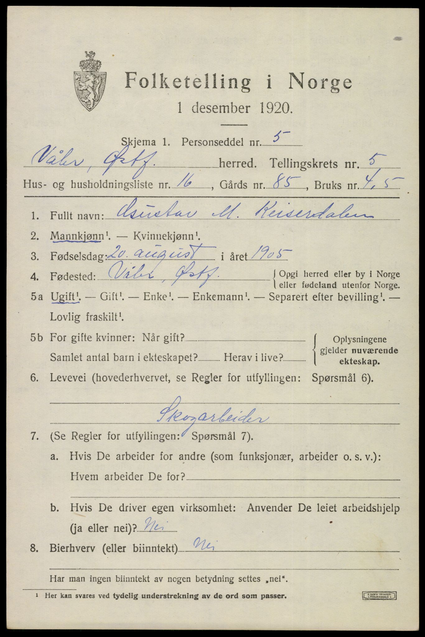 SAO, 1920 census for Våler, 1920, p. 2820