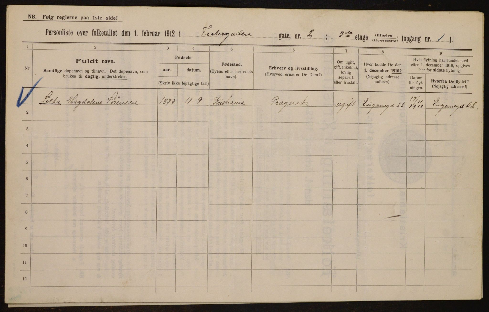 OBA, Municipal Census 1912 for Kristiania, 1912, p. 107126